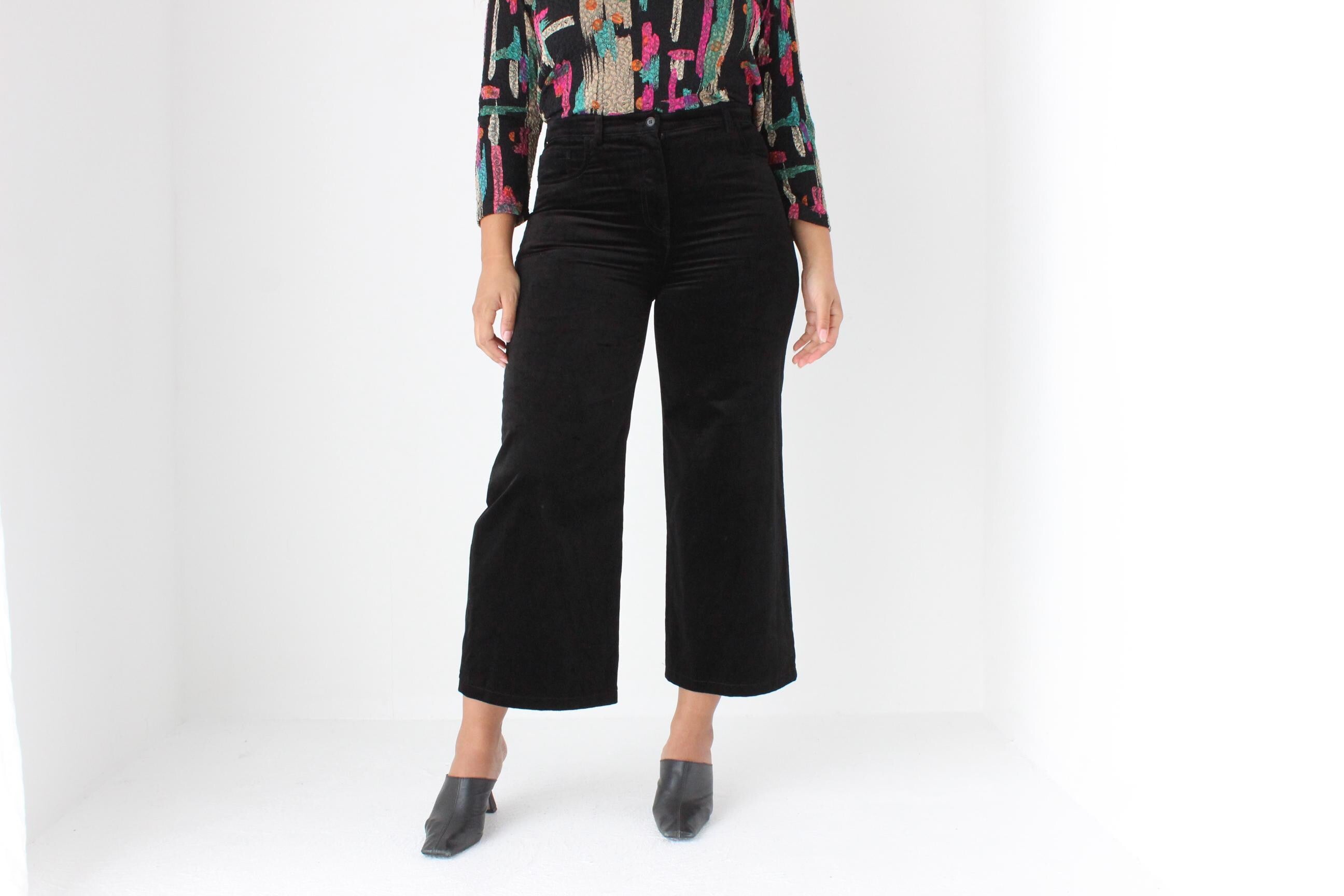 2000s Alberta Ferretti Black Velvet Wide Leg Cropped Jeans