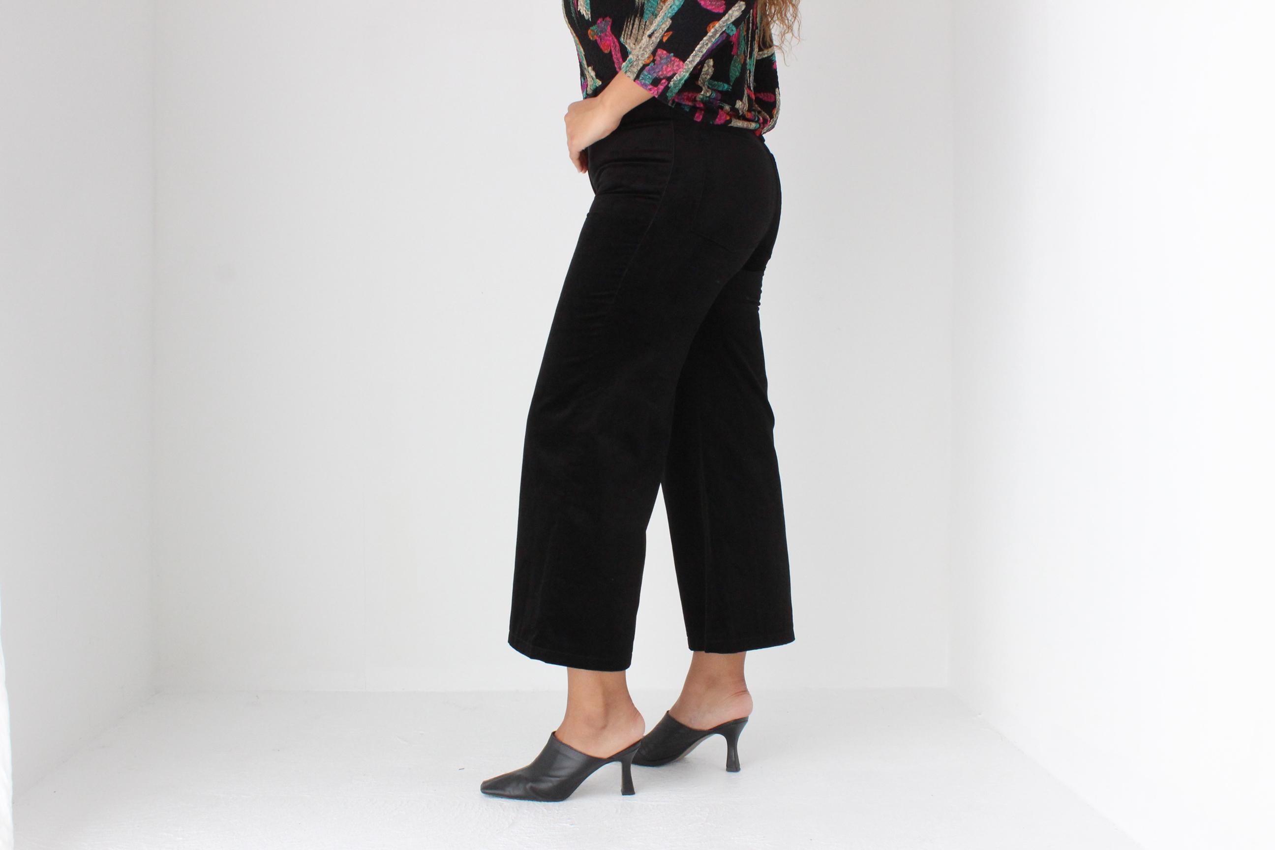 2000s Alberta Ferretti Black Velvet Wide Leg Cropped Jeans