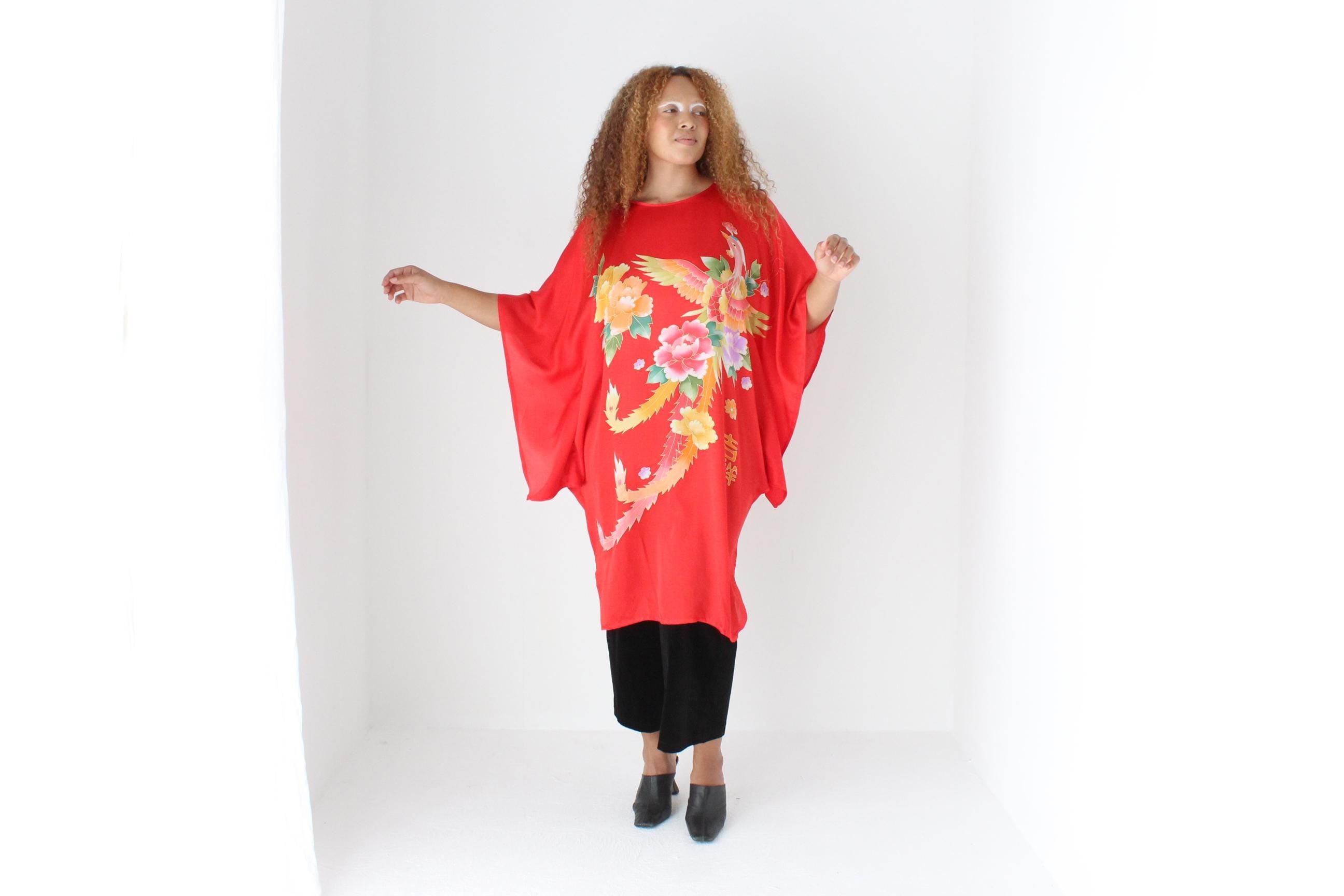 90s Vibrant Pure Silk Phoenix Print Batwing Dress