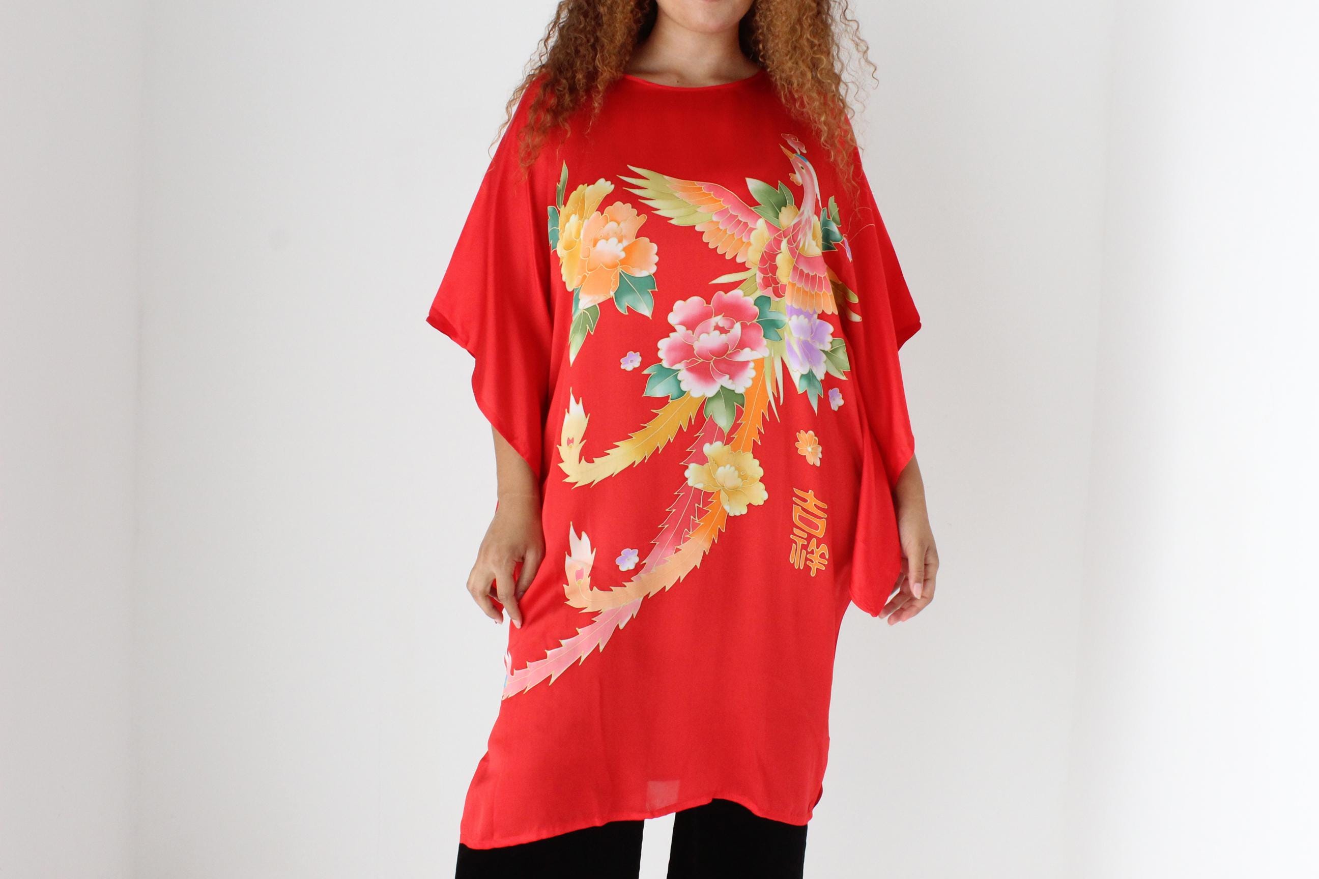 90s Vibrant Pure Silk Phoenix Print Batwing Dress