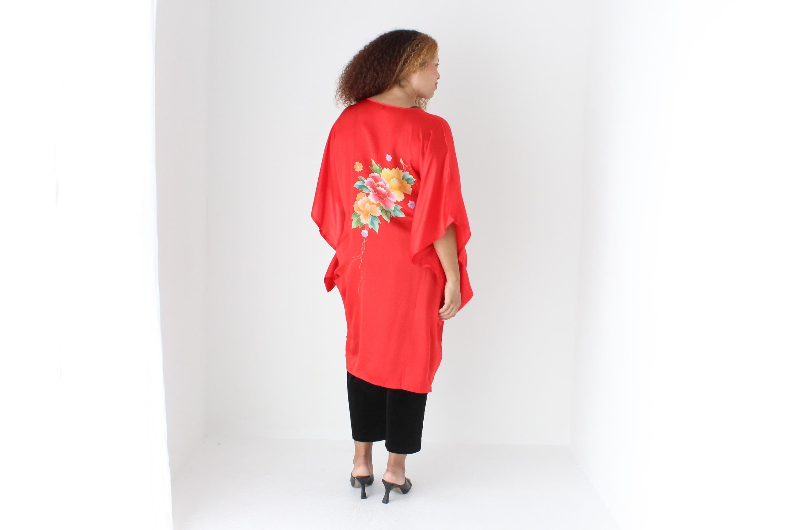 90s Vibrant Pure Silk Phoenix Print Batwing Dress