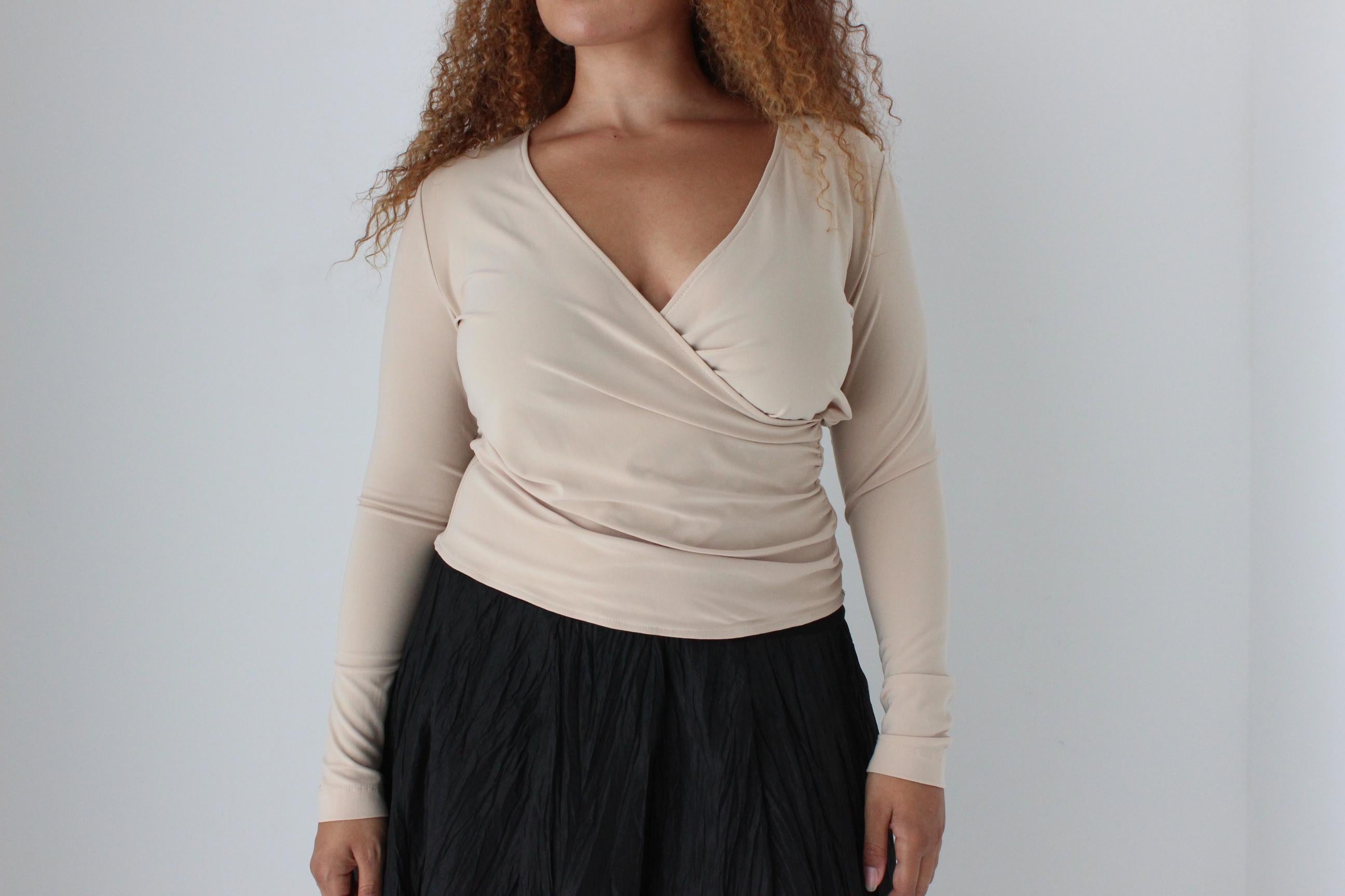 Y2K Stretch Neutral Sexy V Neck Plunge 'Wrap' Top