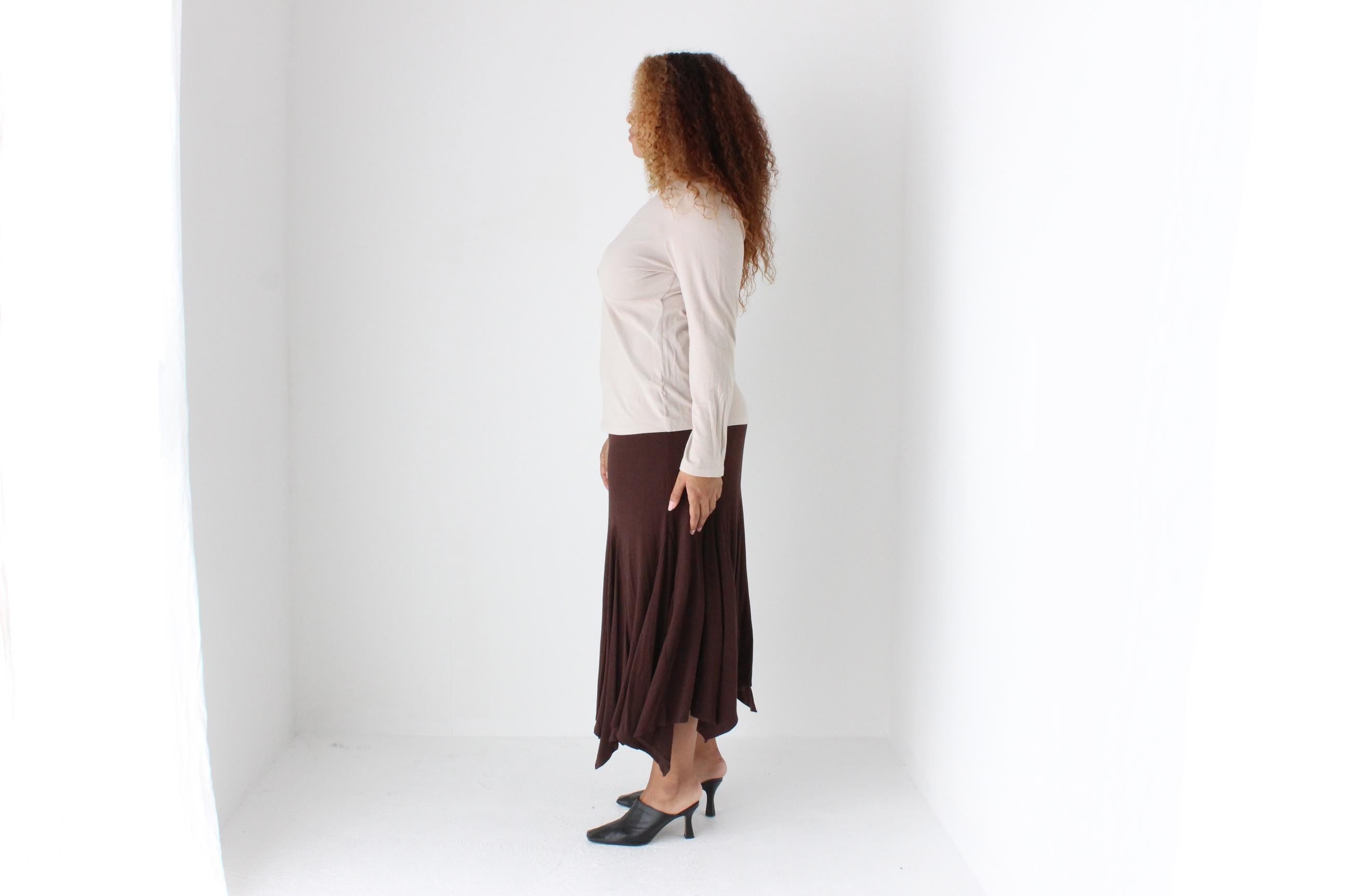 Y2K Slinky Chocolate Viscose Pointed Hem Midi Skirt