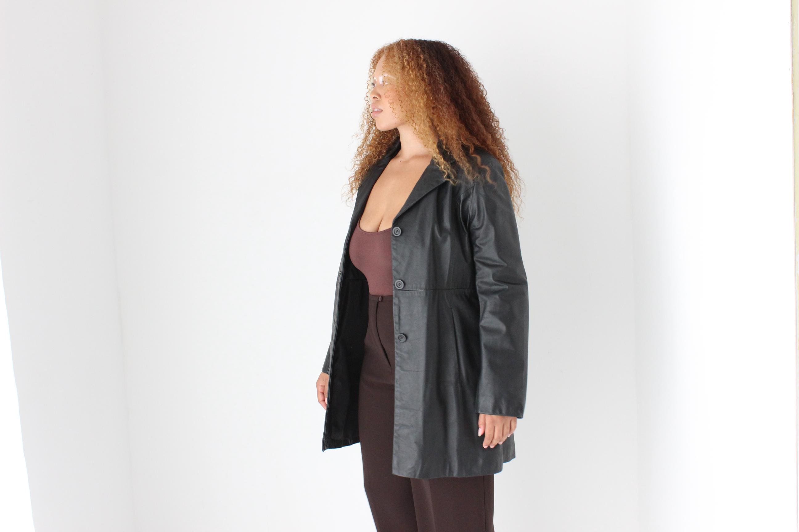 90s Minimal Black Australian Leather Button Up Coat by Siricco