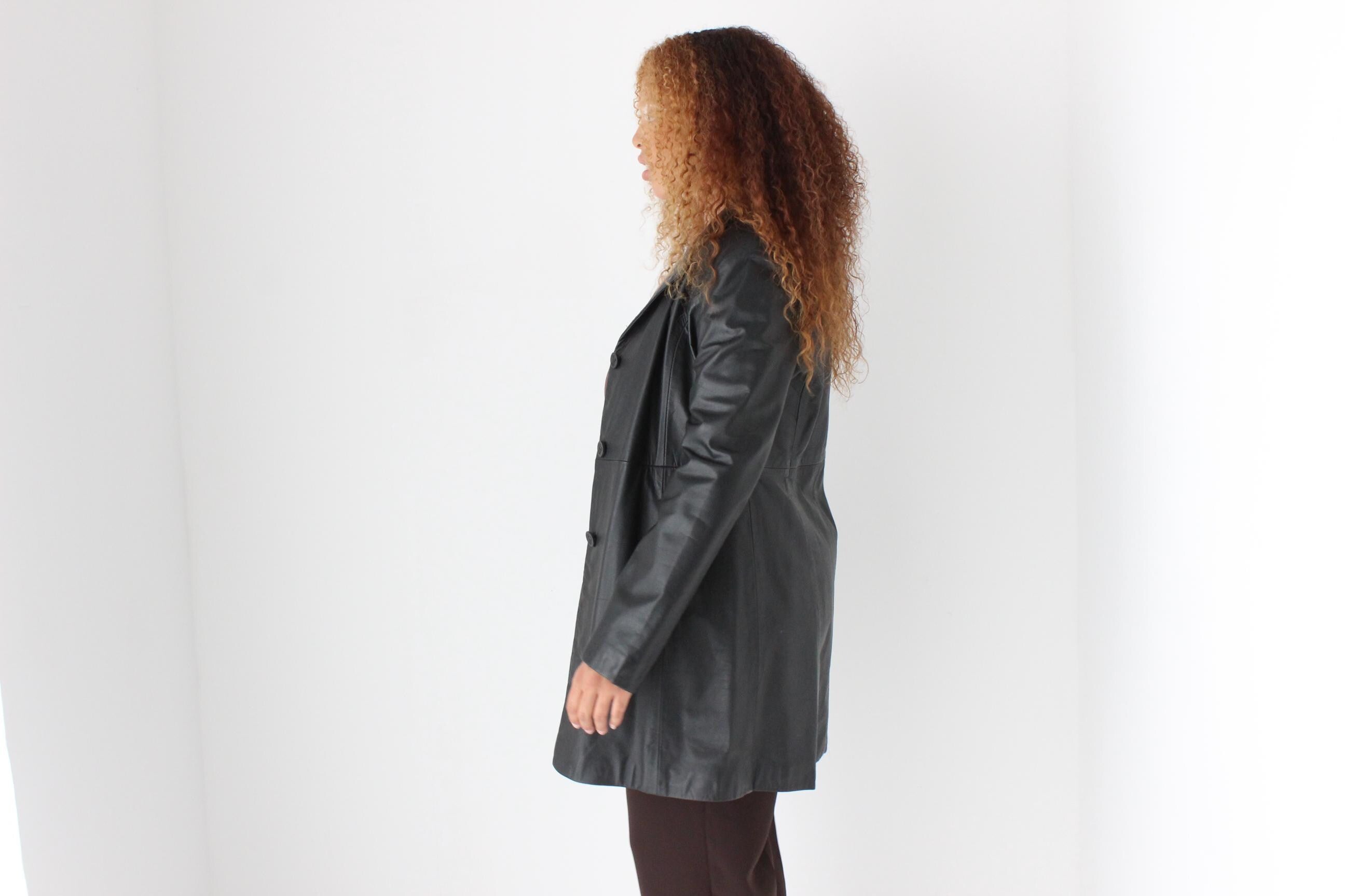 90s Minimal Black Australian Leather Button Up Coat by Siricco