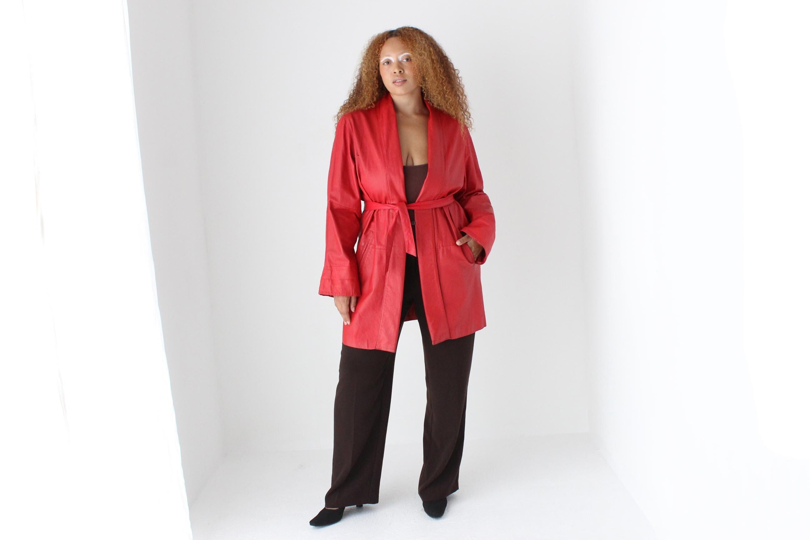 80s Red Leather Belted Swing Coat