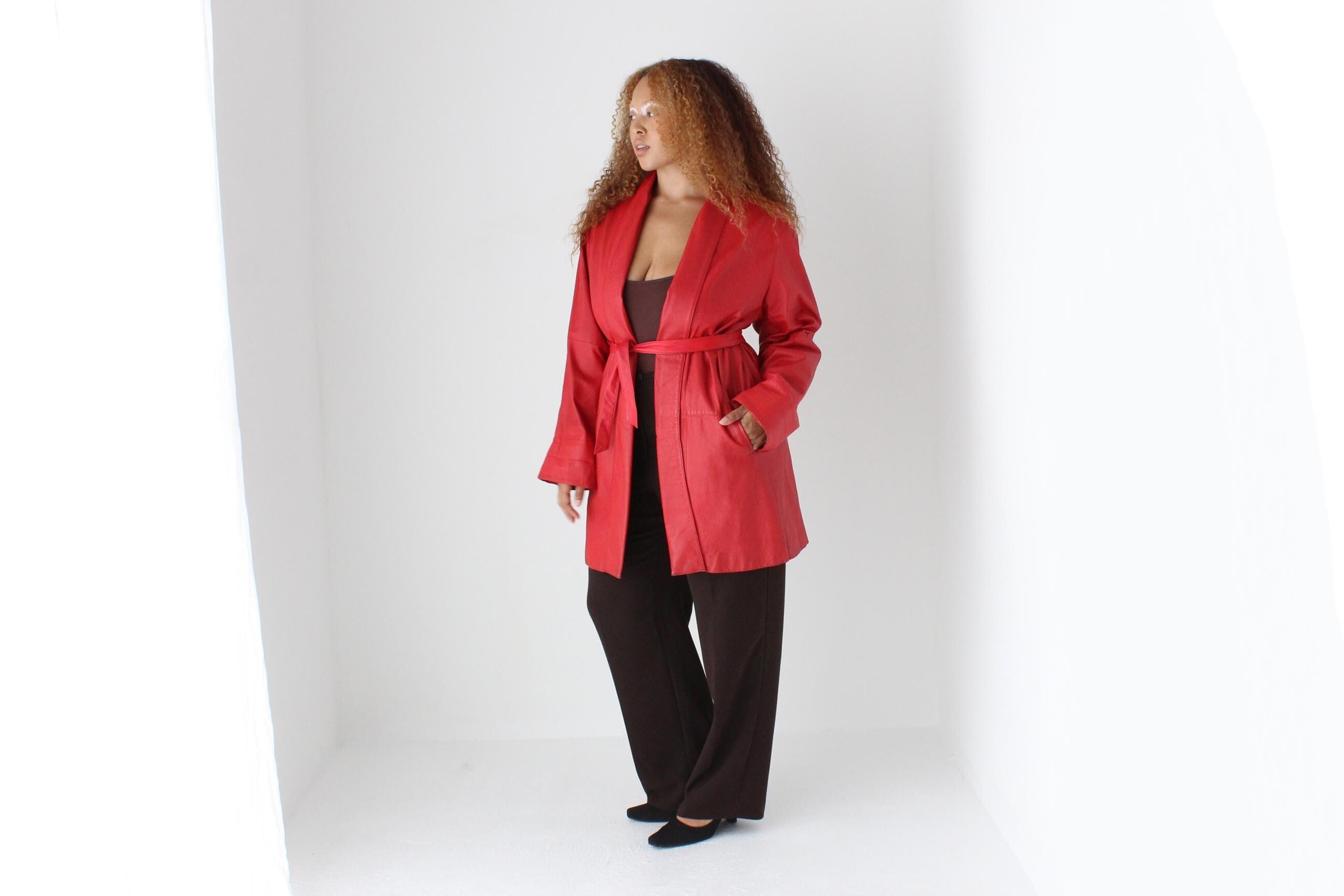 80s Red Leather Belted Swing Coat