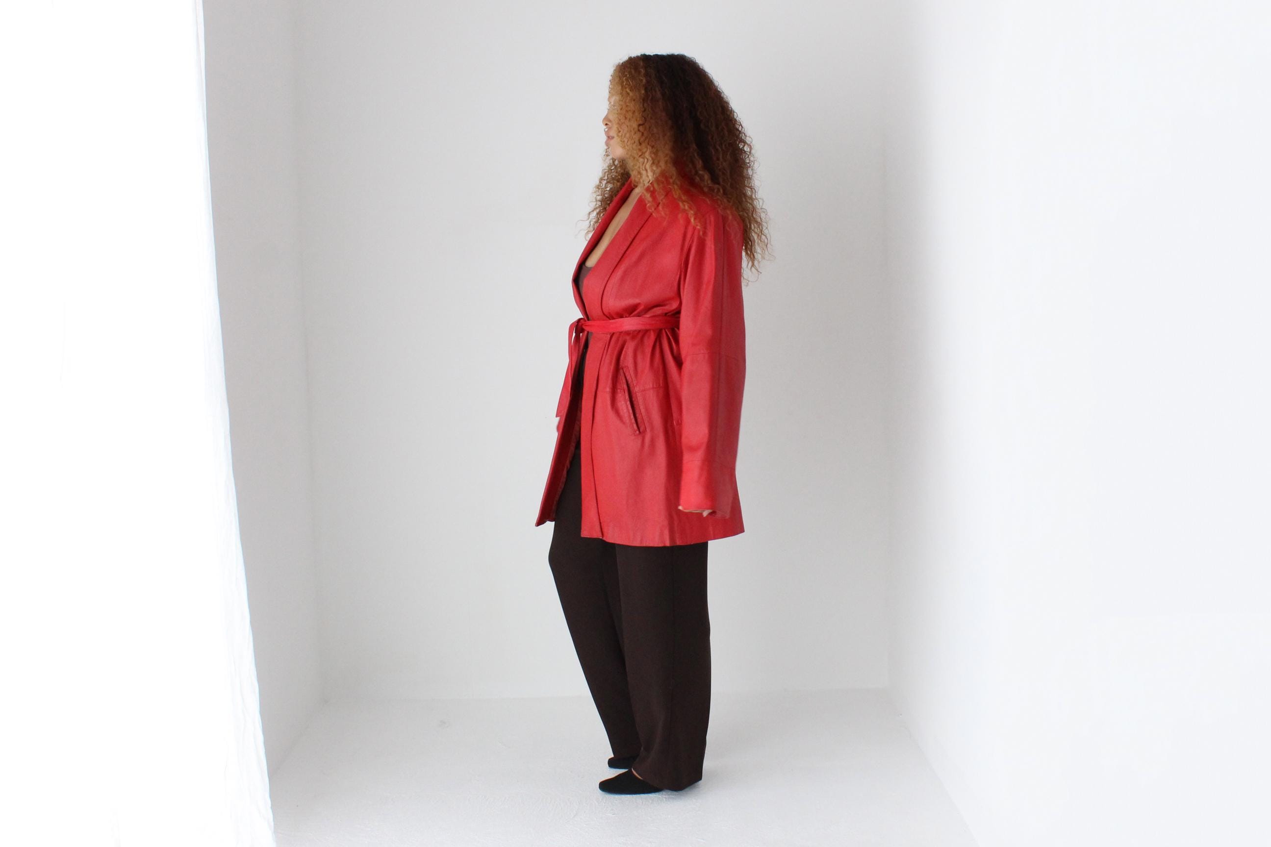 80s Red Leather Belted Swing Coat