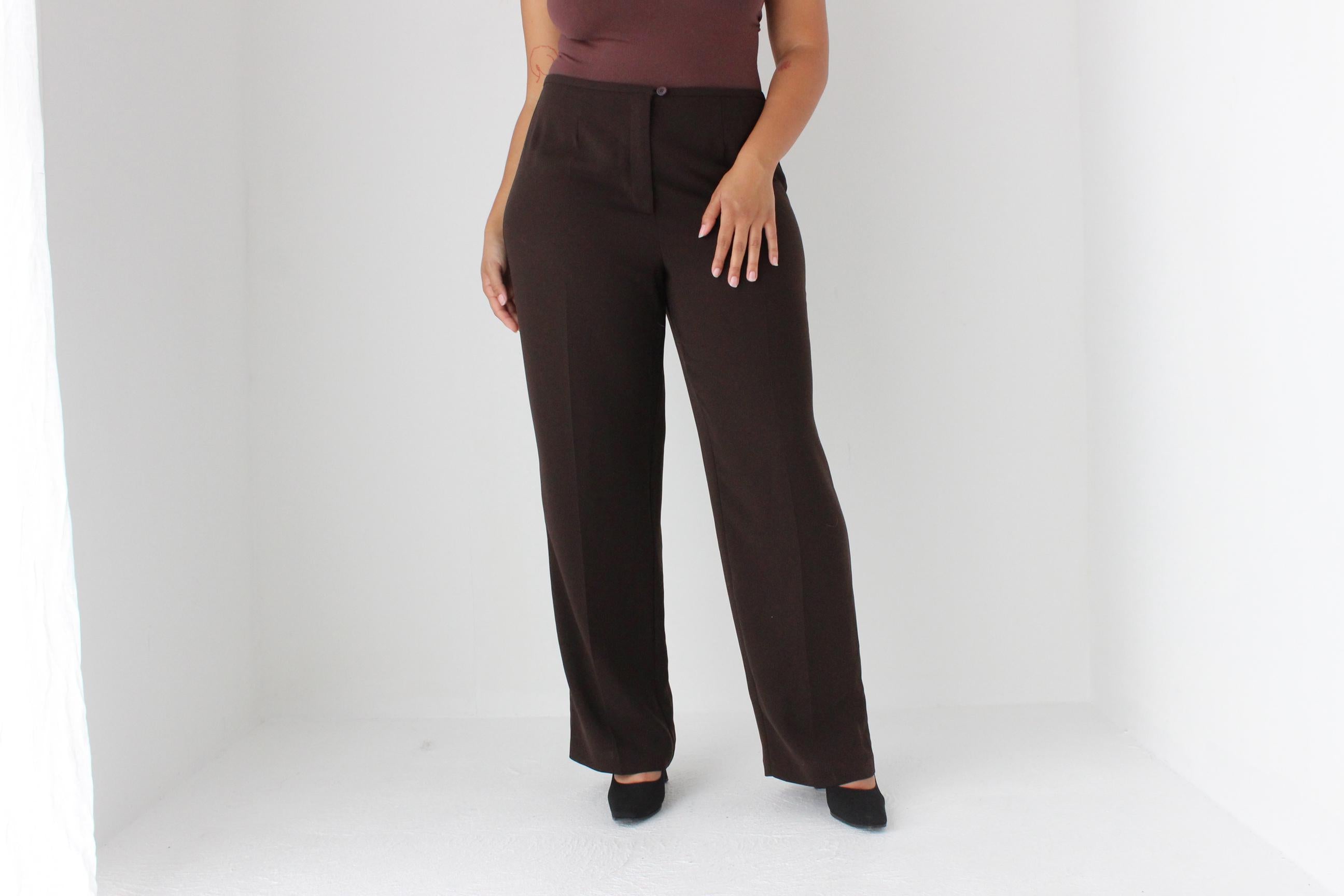 90s Minimal Chocolate Crepe Wide Leg Trousers