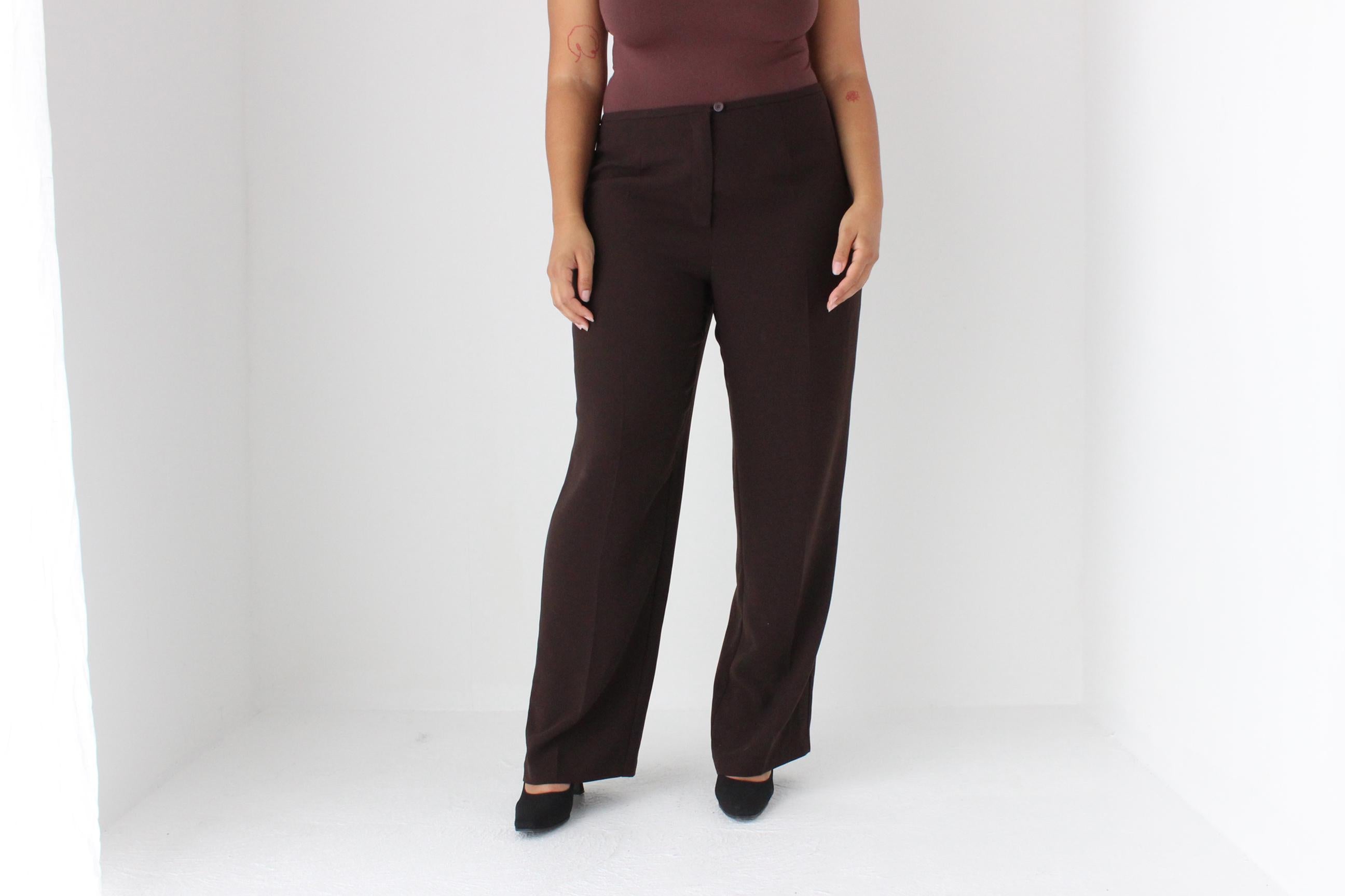 90s Minimal Chocolate Crepe Wide Leg Trousers