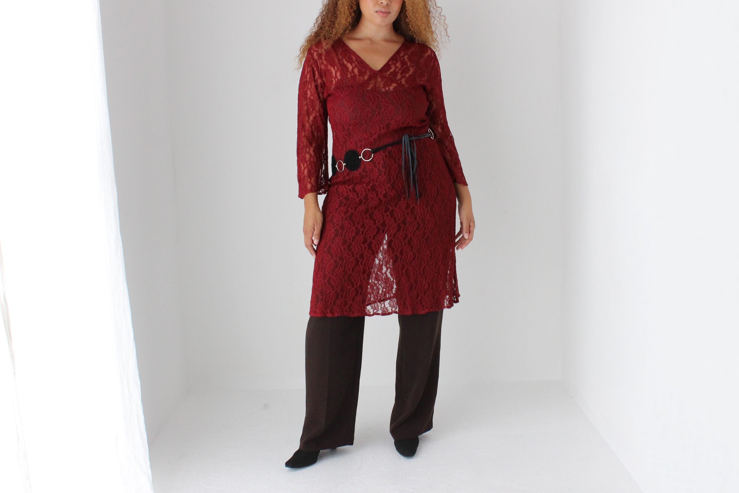 90s Burgundy Lace Sheer Long Flare Sleeve Dress