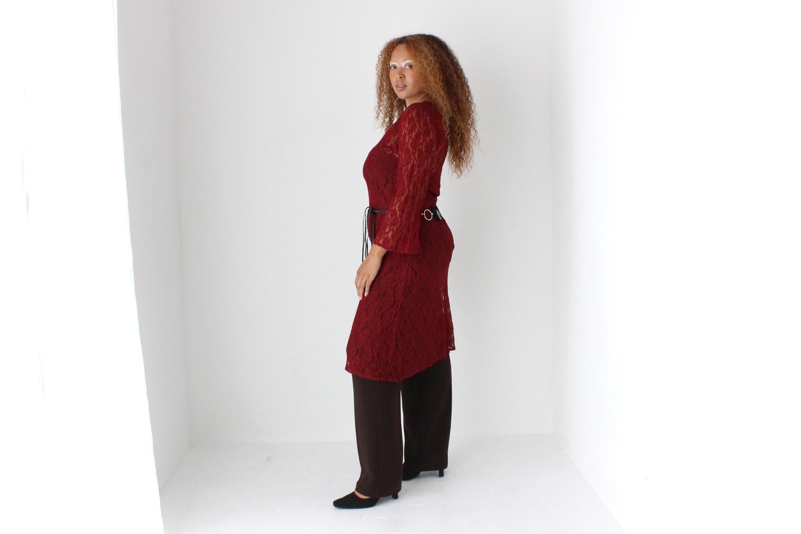 90s Burgundy Lace Sheer Long Flare Sleeve Dress