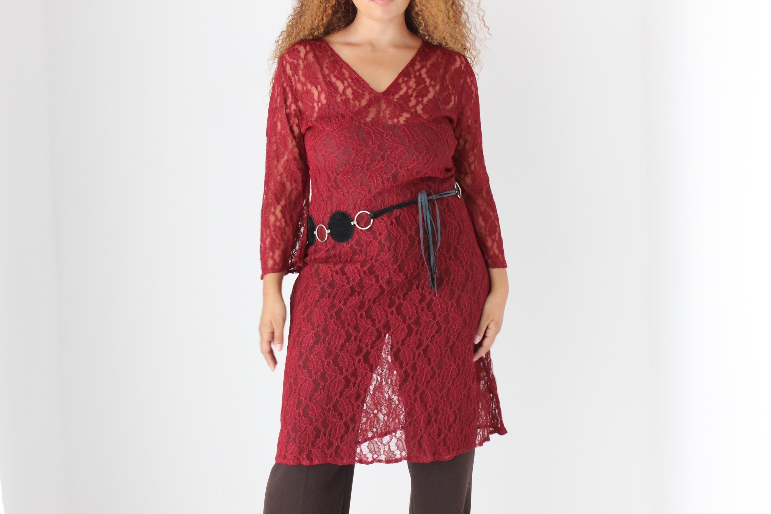 90s Burgundy Lace Sheer Long Flare Sleeve Dress