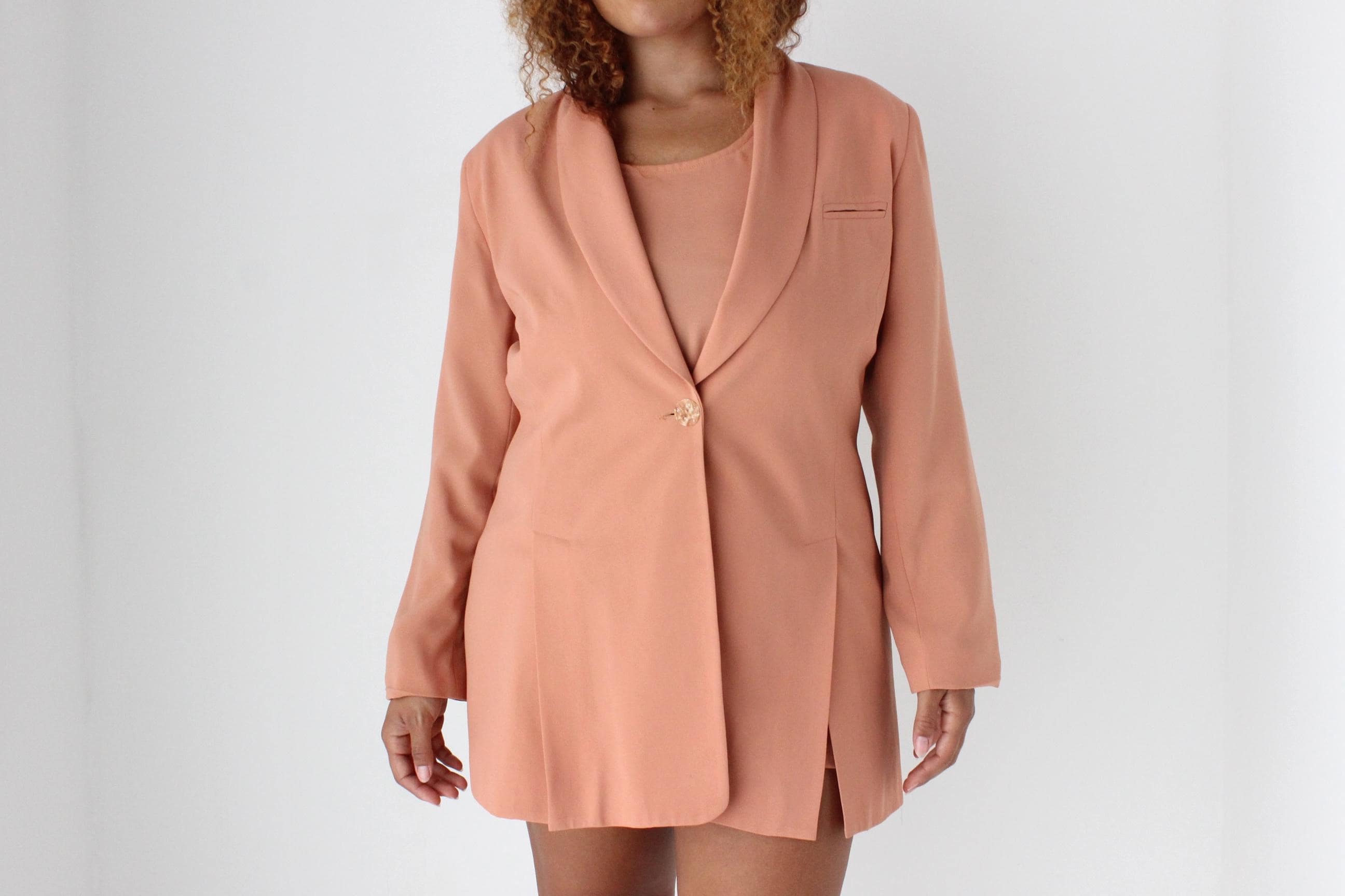 90s Salmon Crepe THREE PIECE Top, Blazer & Mini Skirt Suit