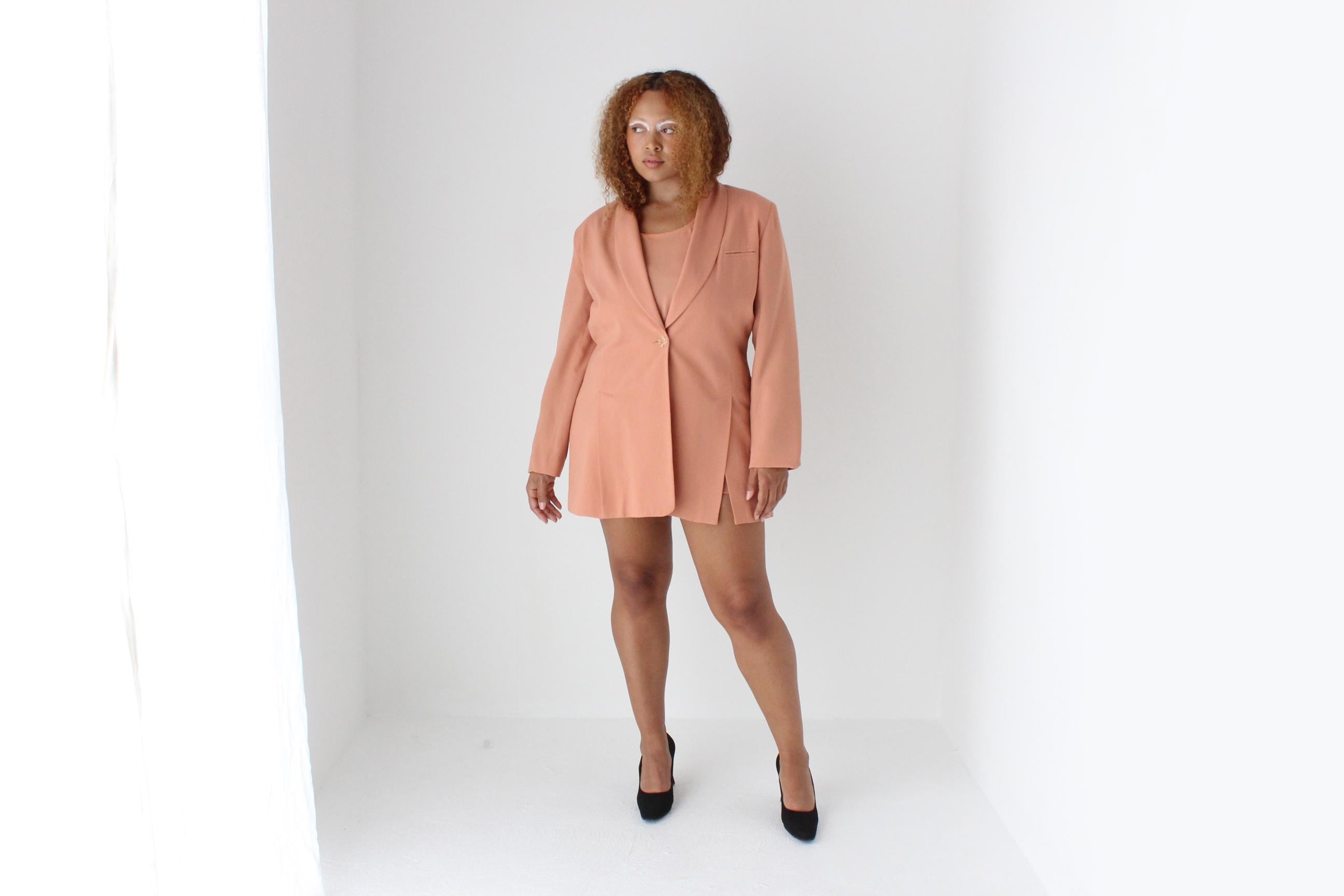 90s Salmon Crepe THREE PIECE Top, Blazer & Mini Skirt Suit