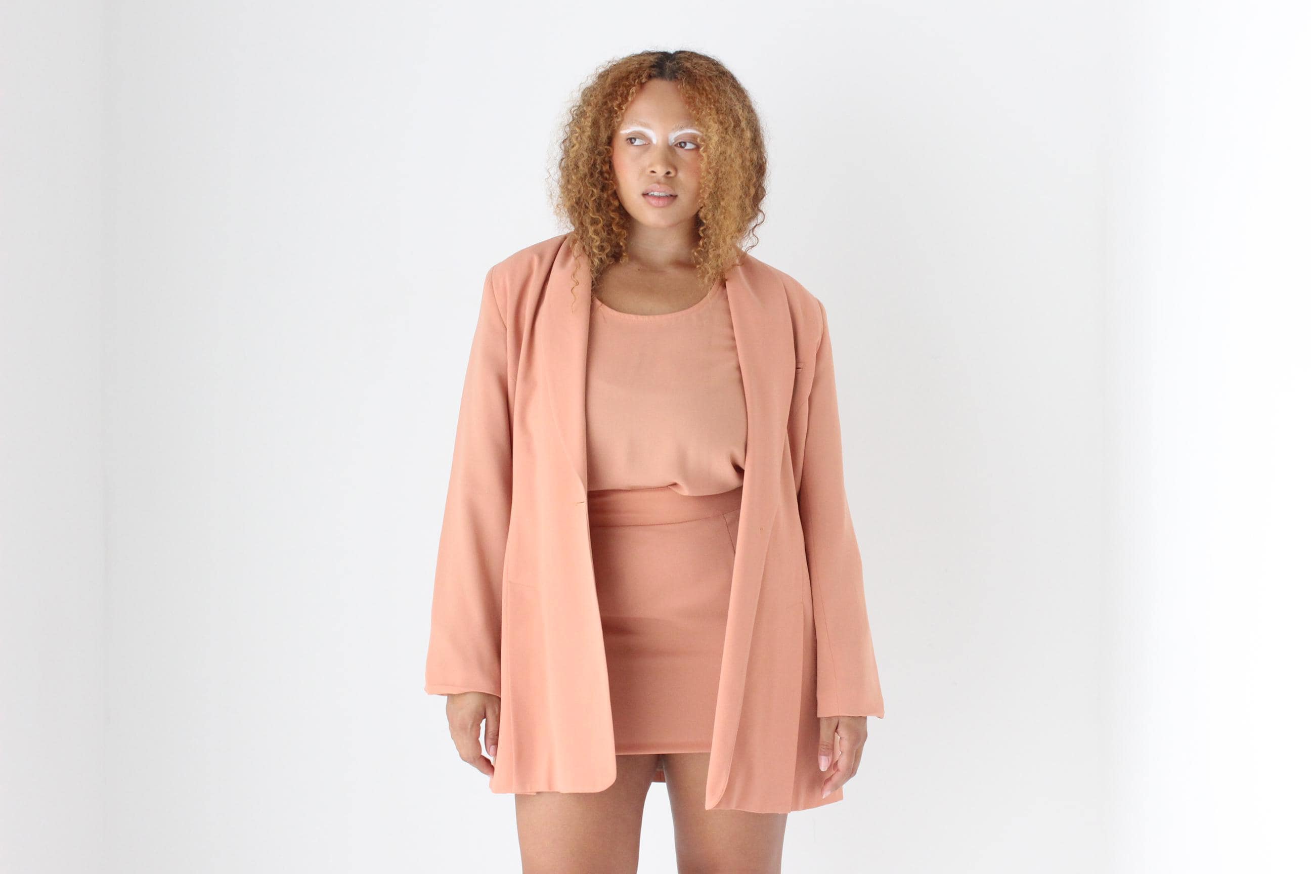 90s Salmon Crepe THREE PIECE Top, Blazer & Mini Skirt Suit