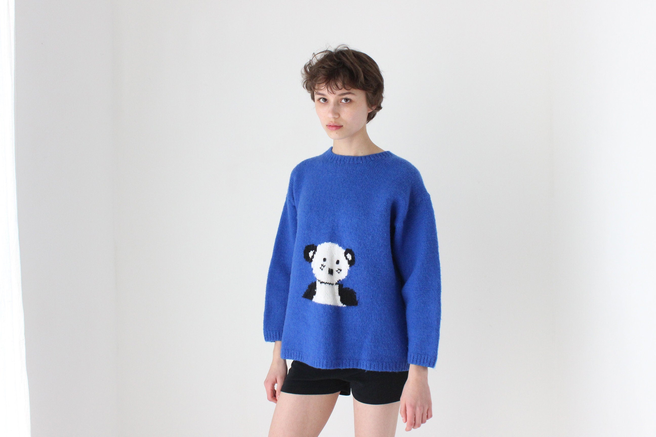 80s Wool Hand Knit Off-Centre Panda Bear Novelty Sweater