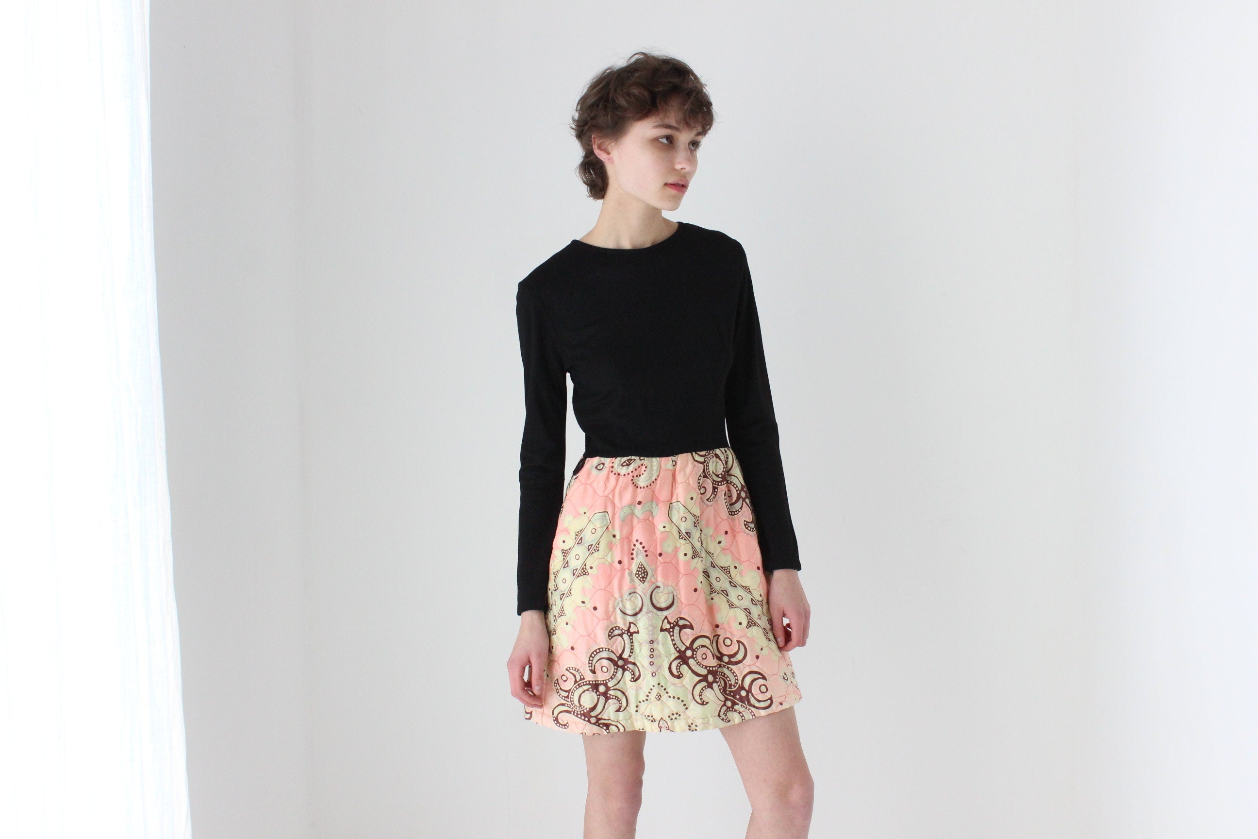 70s Long Sleeve Mini w/ Psychedelic Quilted Skirt