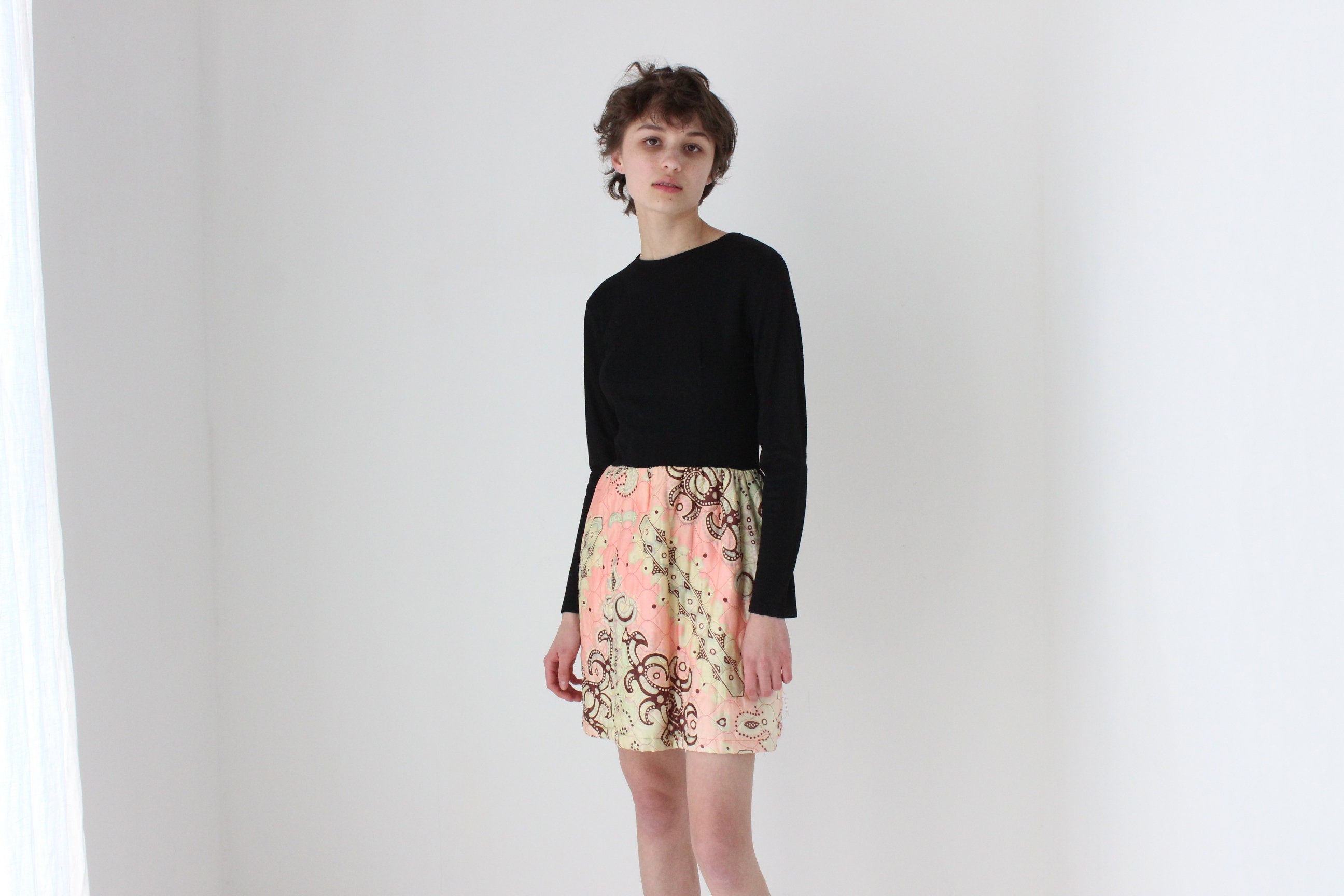 70s Long Sleeve Mini w/ Psychedelic Quilted Skirt