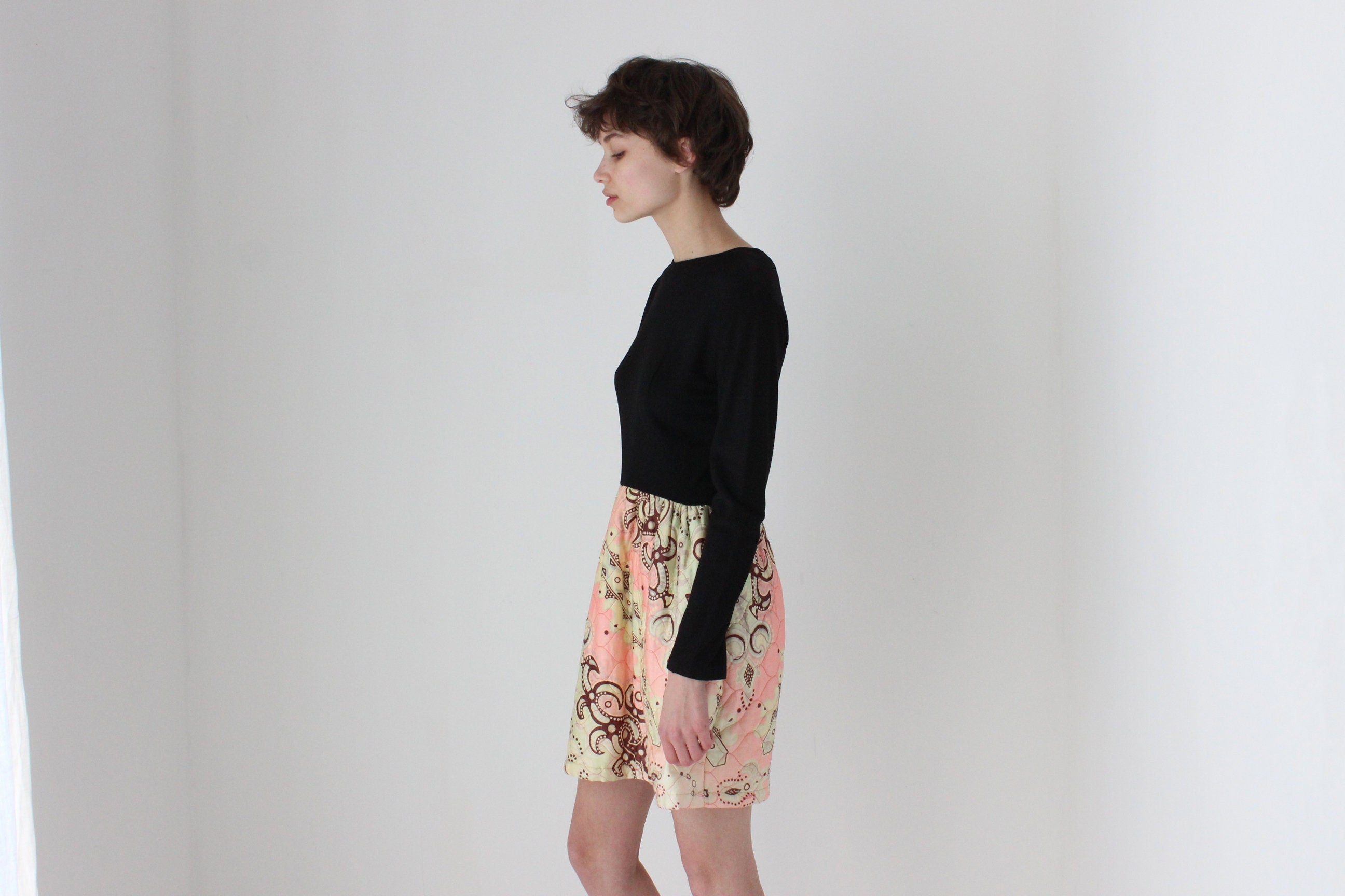 70s Long Sleeve Mini w/ Psychedelic Quilted Skirt