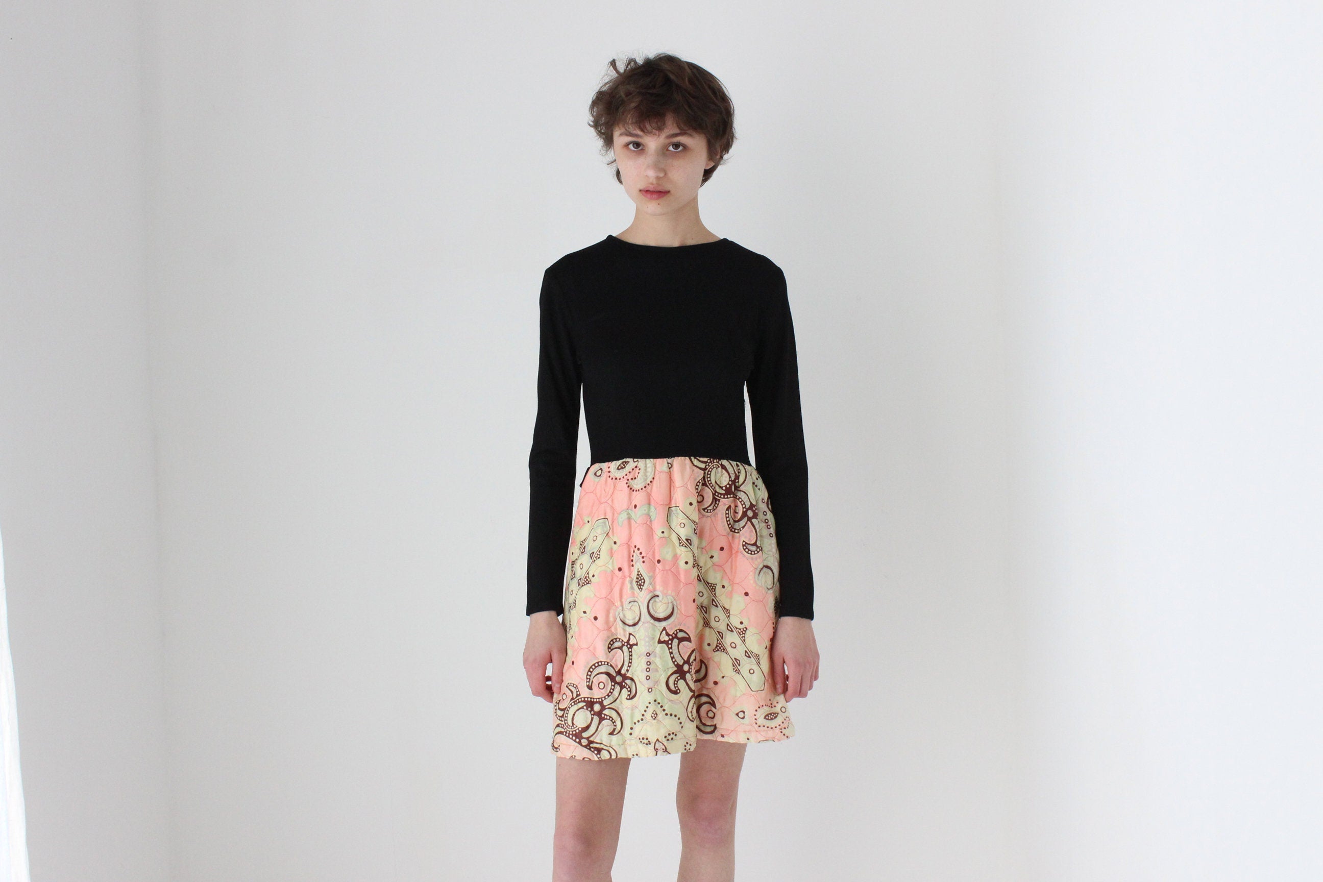 70s Long Sleeve Mini w/ Psychedelic Quilted Skirt