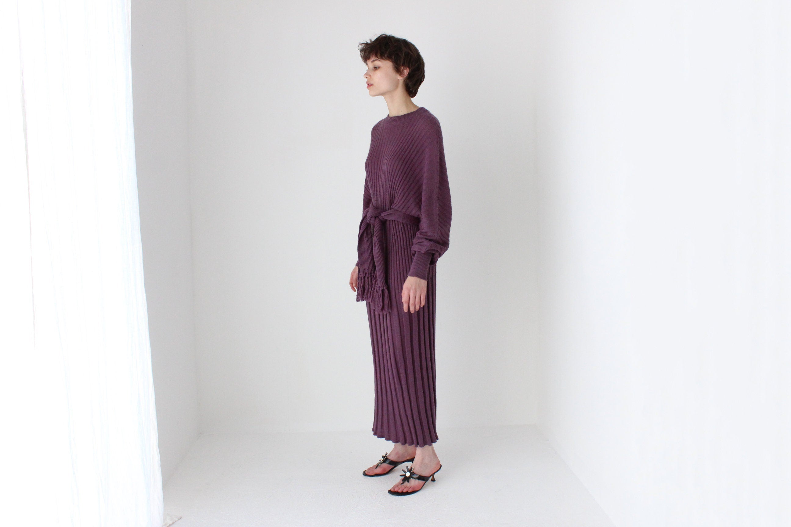 80s Sculptural Ribbed Pure Wool Batwing Sweater Dress