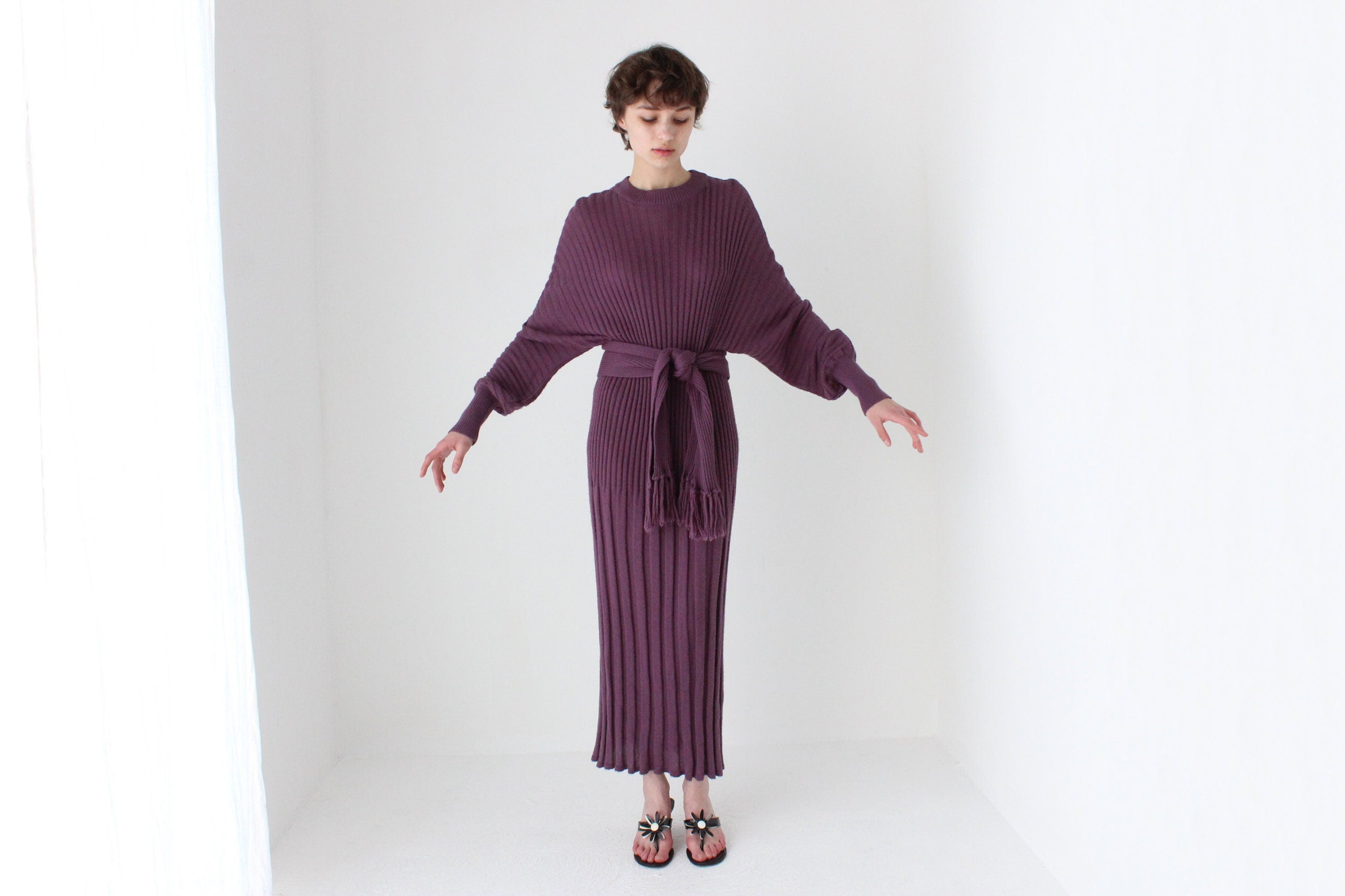 80s Sculptural Ribbed Pure Wool Batwing Sweater Dress