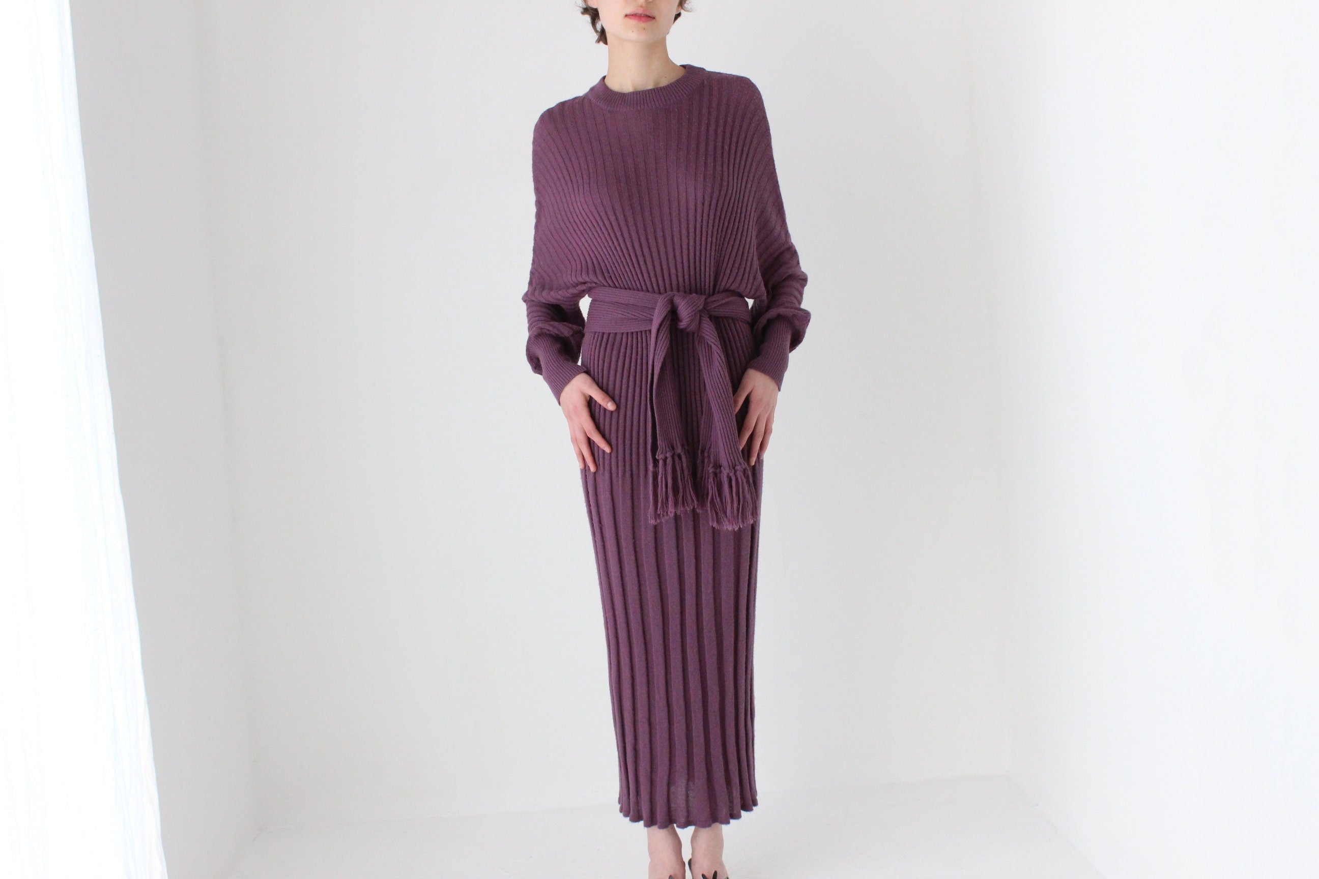 80s Sculptural Ribbed Pure Wool Batwing Sweater Dress