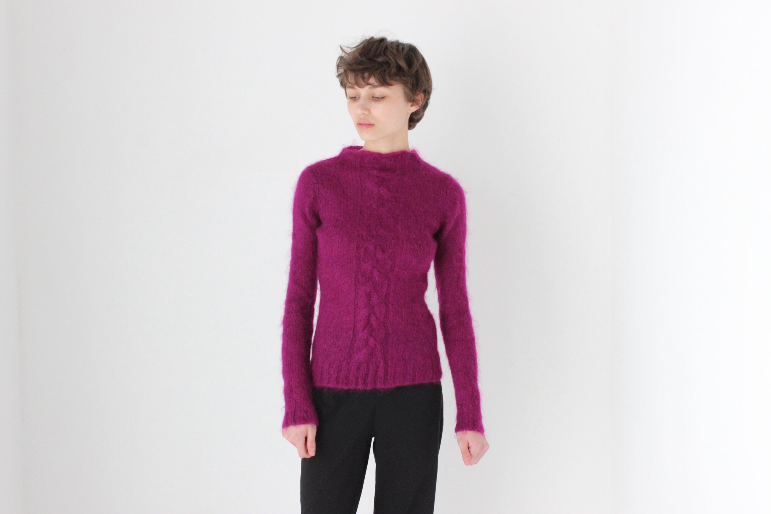 90s Mohair High Neck Purple Grape Fitted Sweater