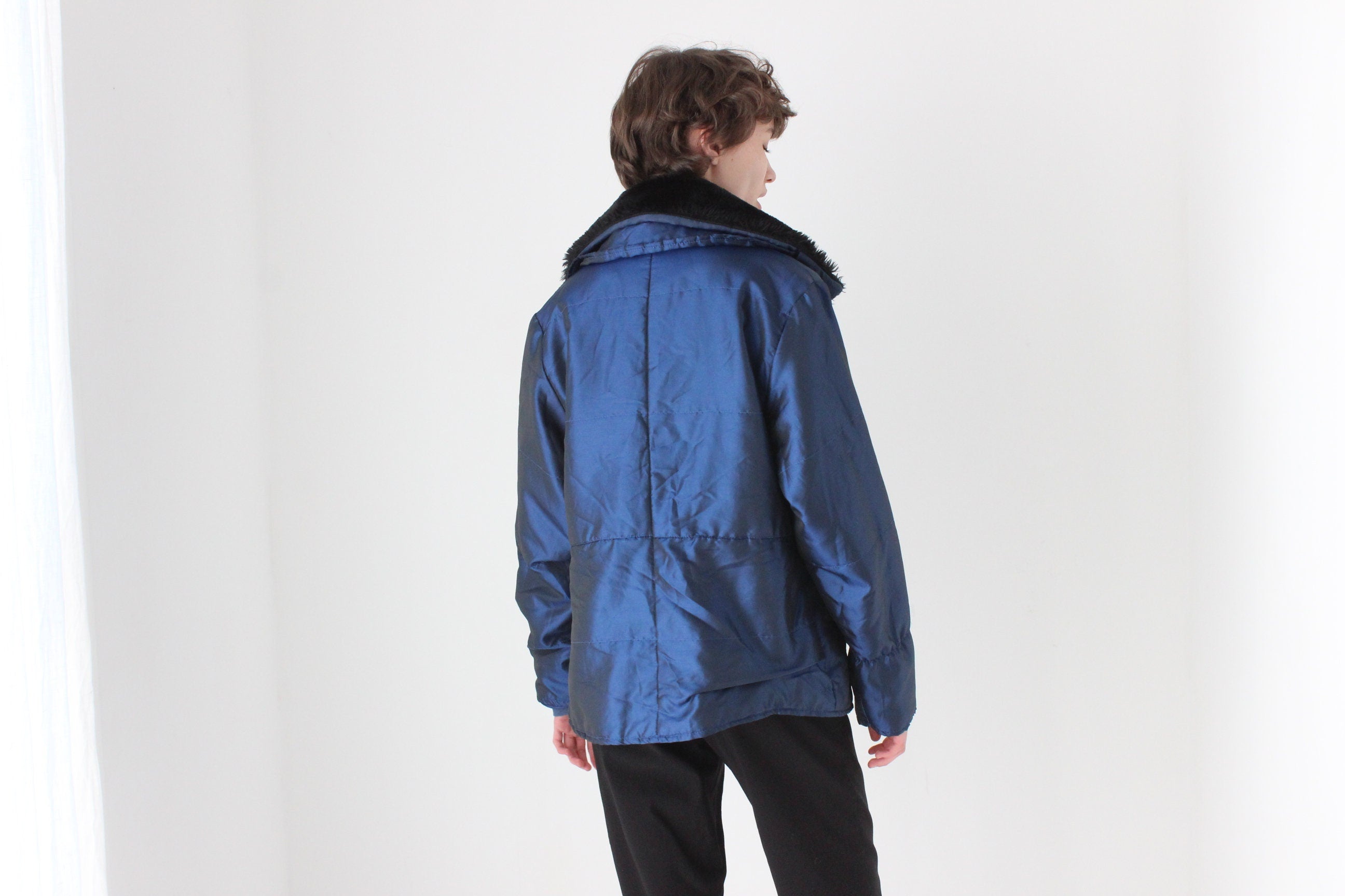 90s Metallic Blue Quilted Nylon Fur Collar Puffer