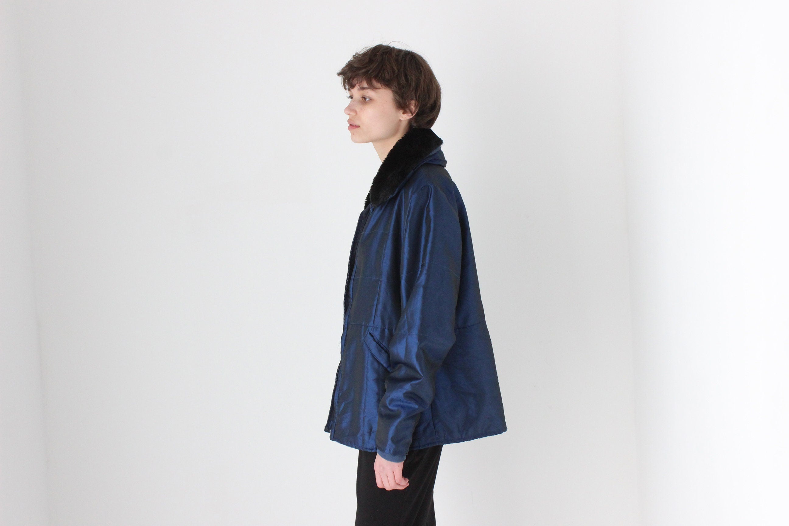 90s Metallic Blue Quilted Nylon Fur Collar Puffer