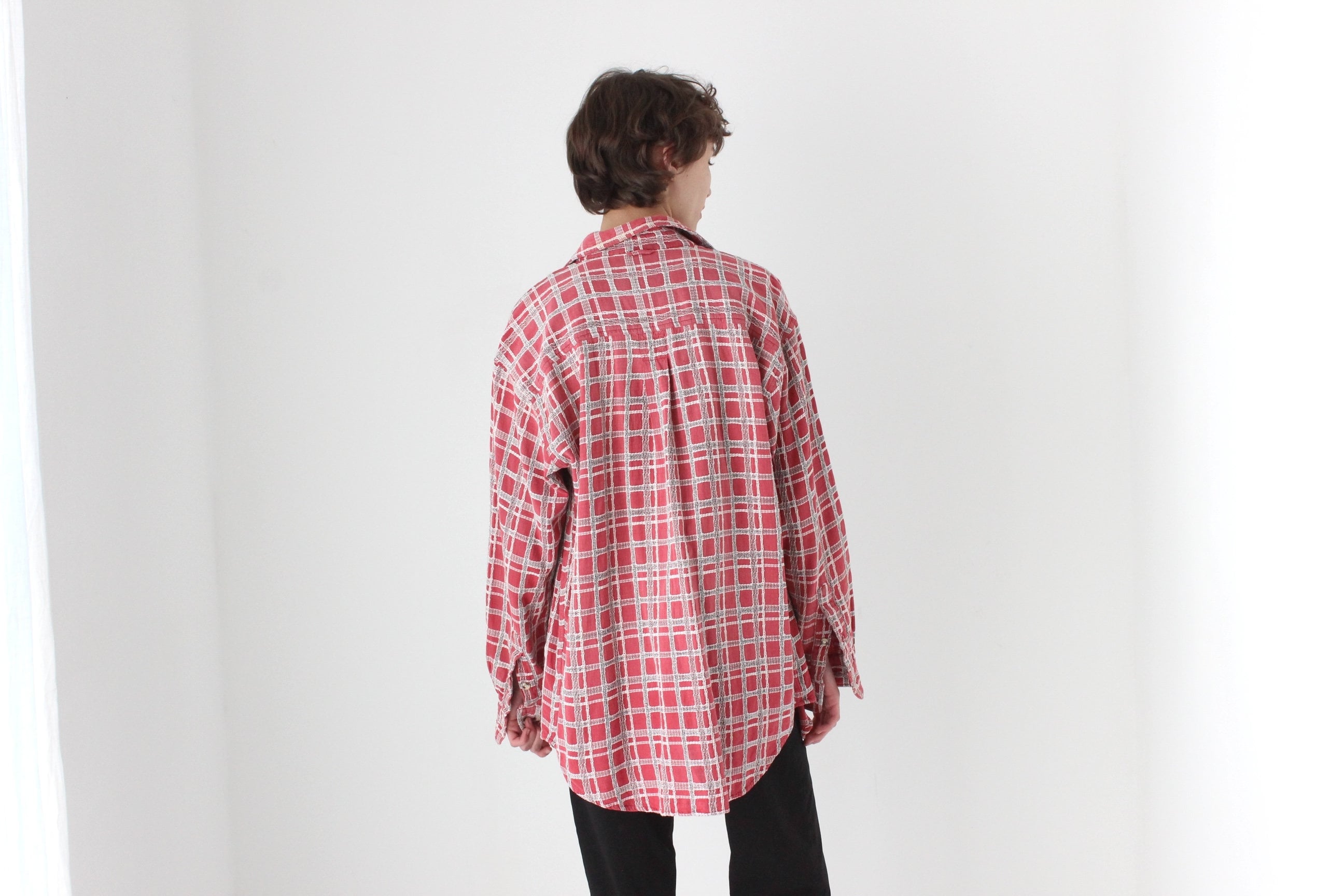 90s Woven Cotton Checked Oversized Shirt