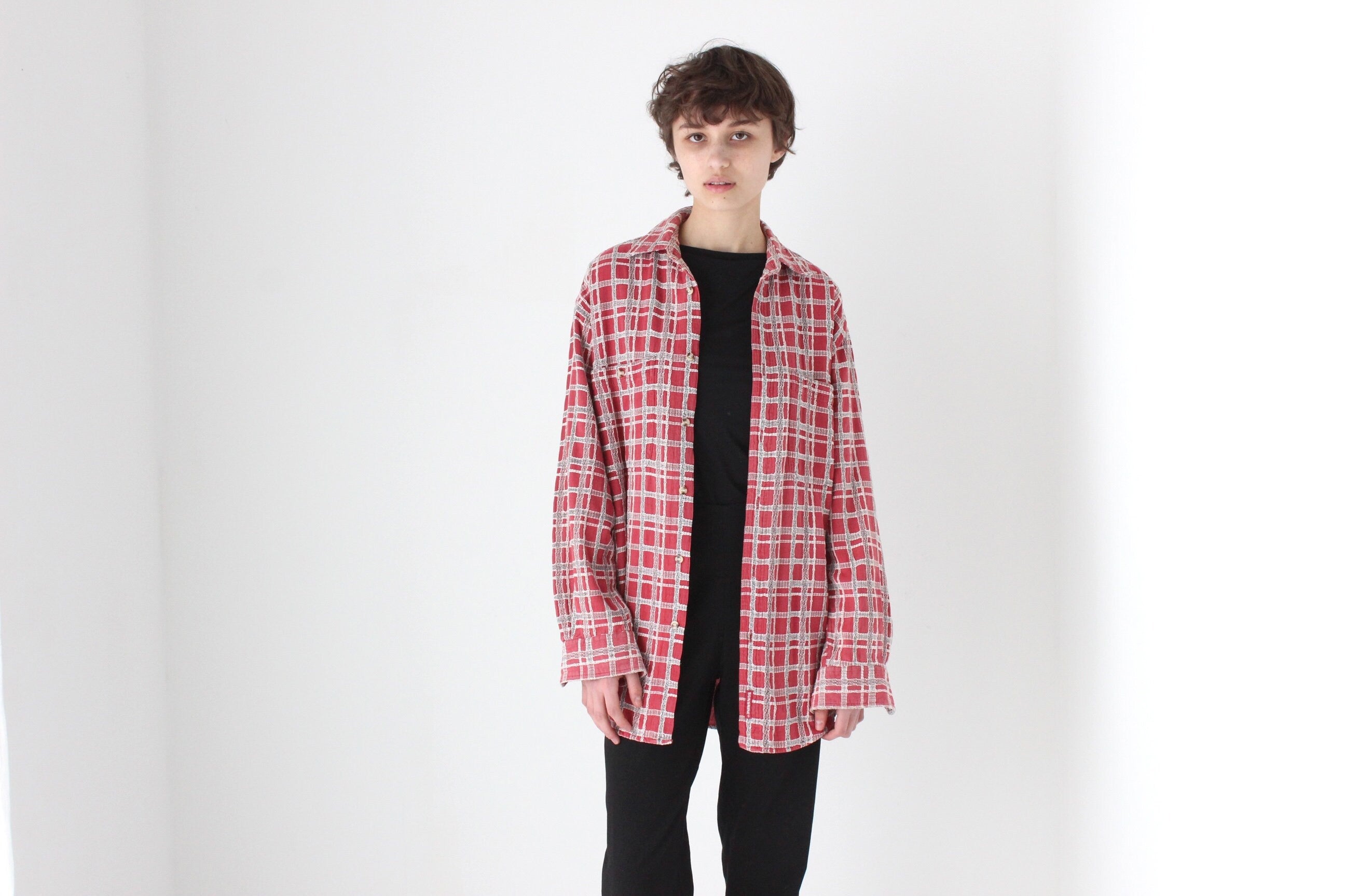 90s Woven Cotton Checked Oversized Shirt