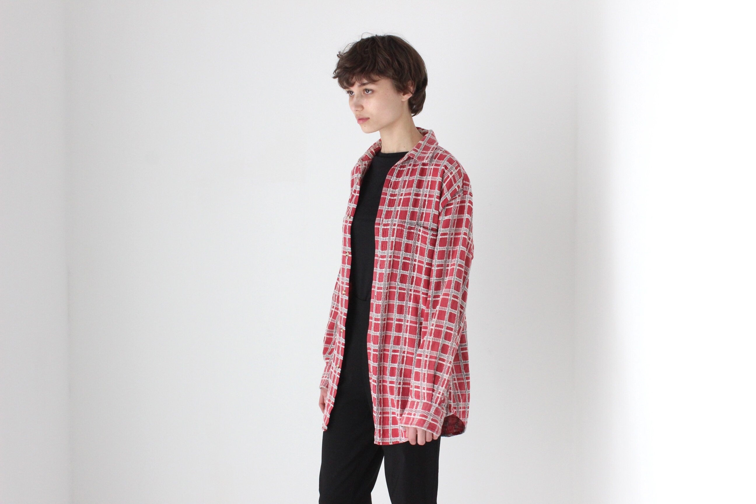 90s Woven Cotton Checked Oversized Shirt