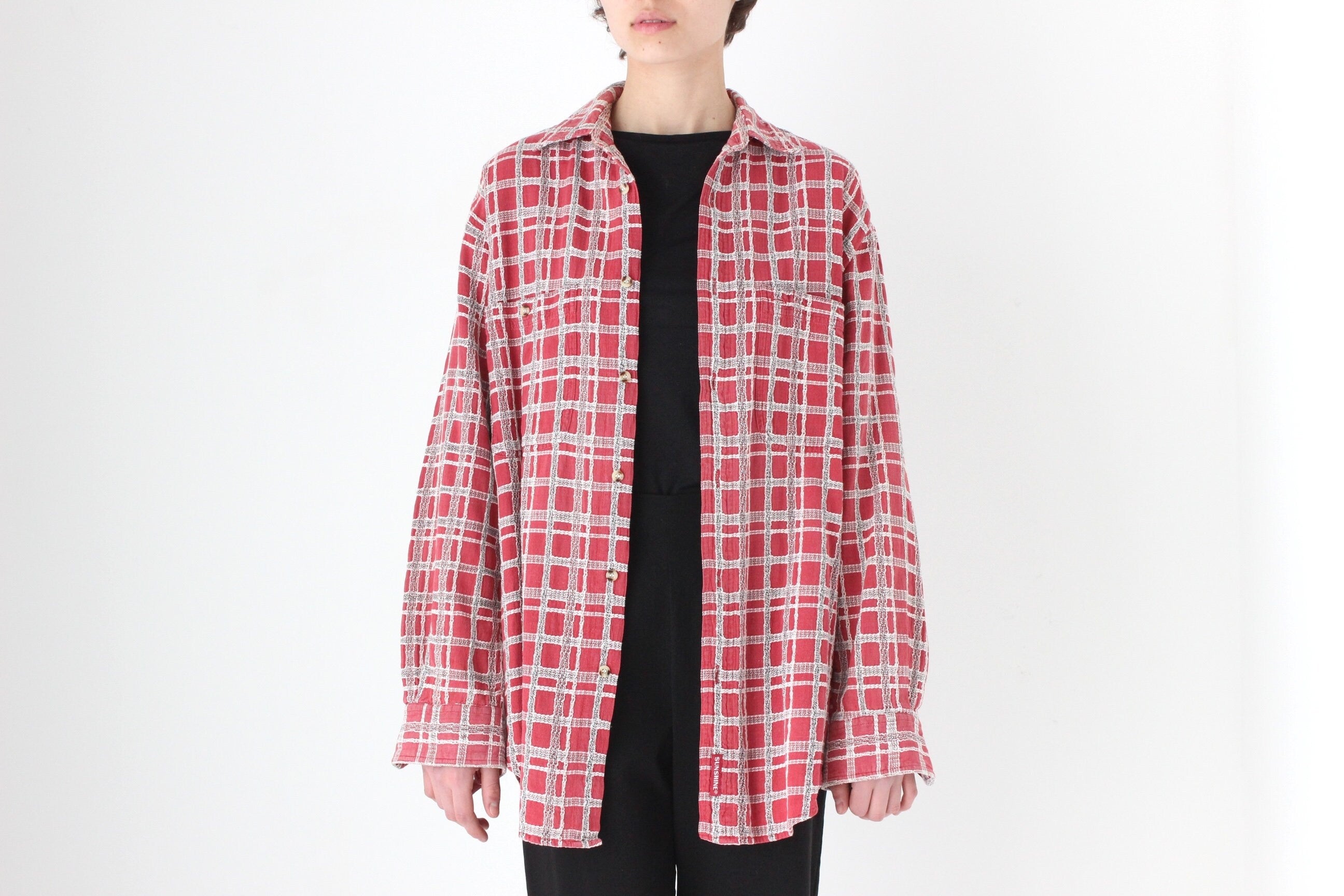 90s Woven Cotton Checked Oversized Shirt