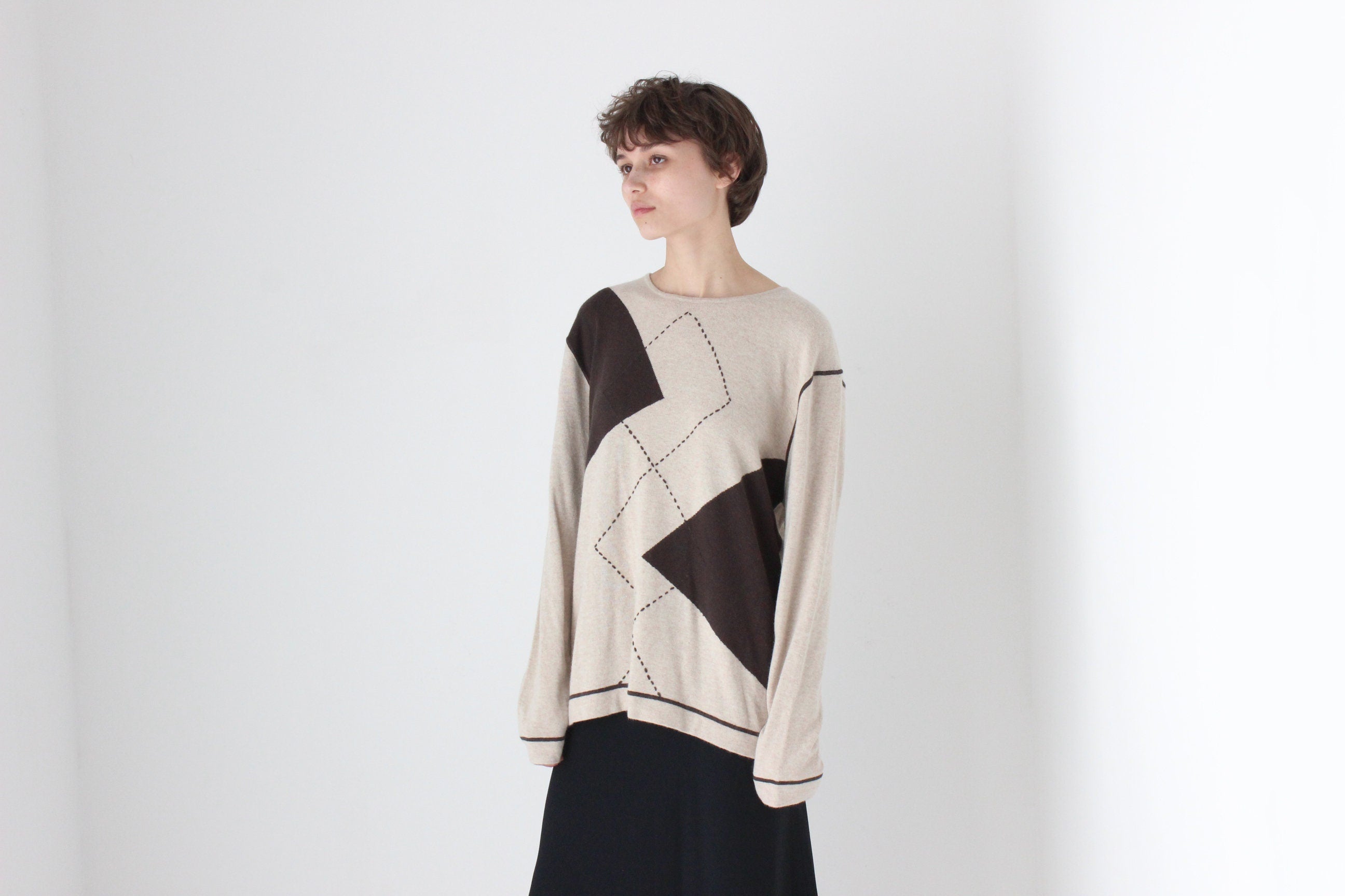 80s Soft Viscose / Cashmere / Angora Knit Neutral Argyle Sweater