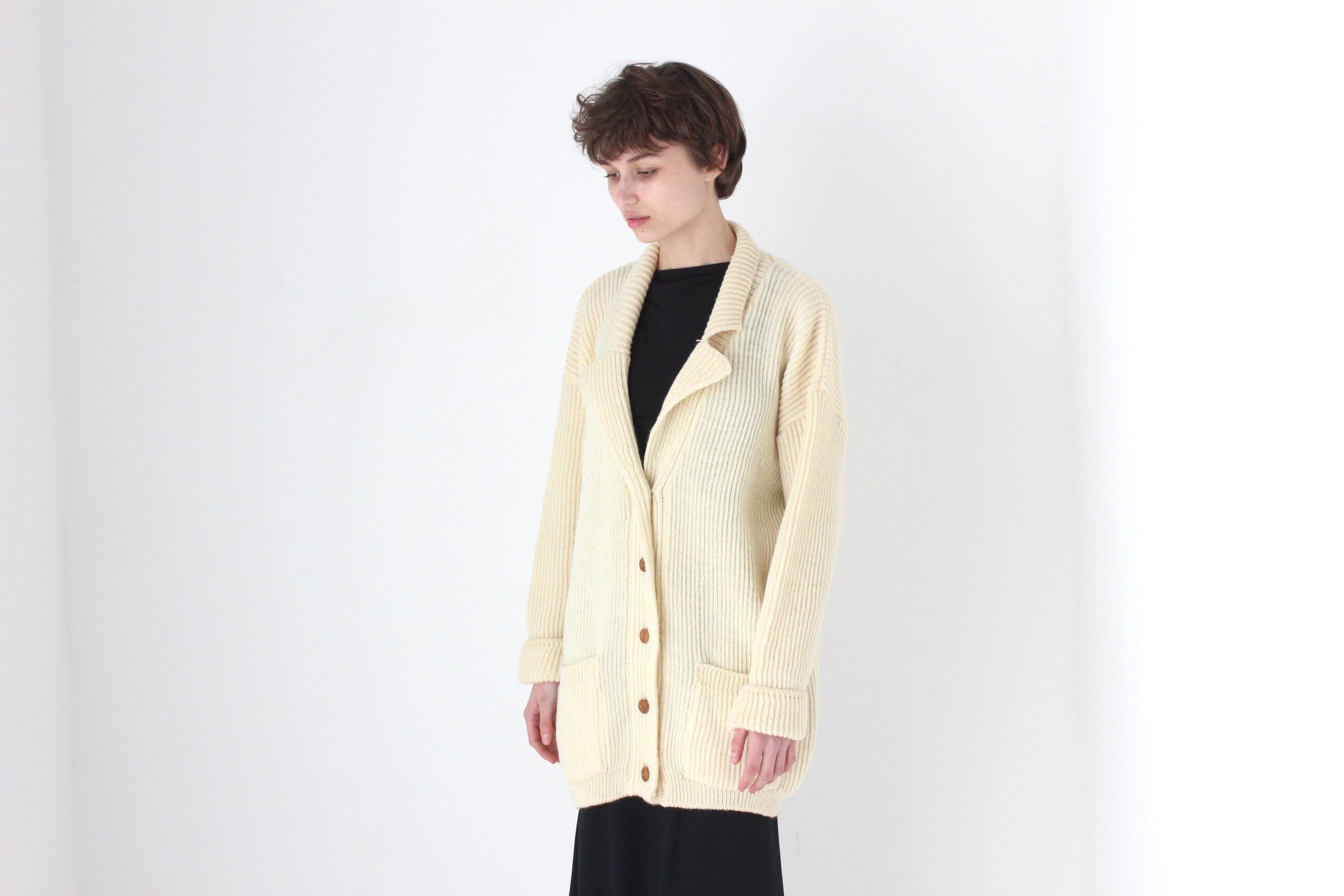 80s Cream Pure Wool Oversized Cardigan