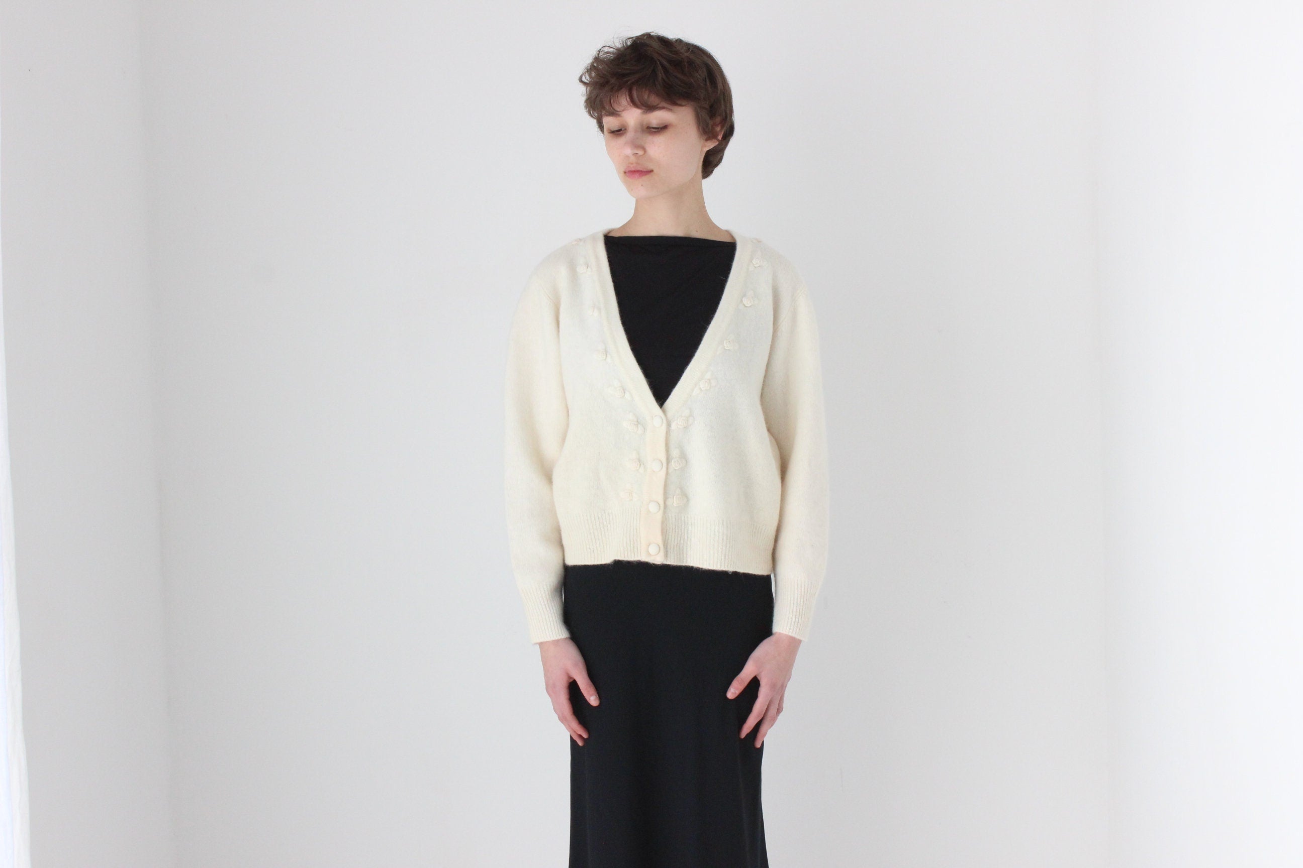 80s Softest Lambswool & Angora V Neck Cardigan w/ Rosettes