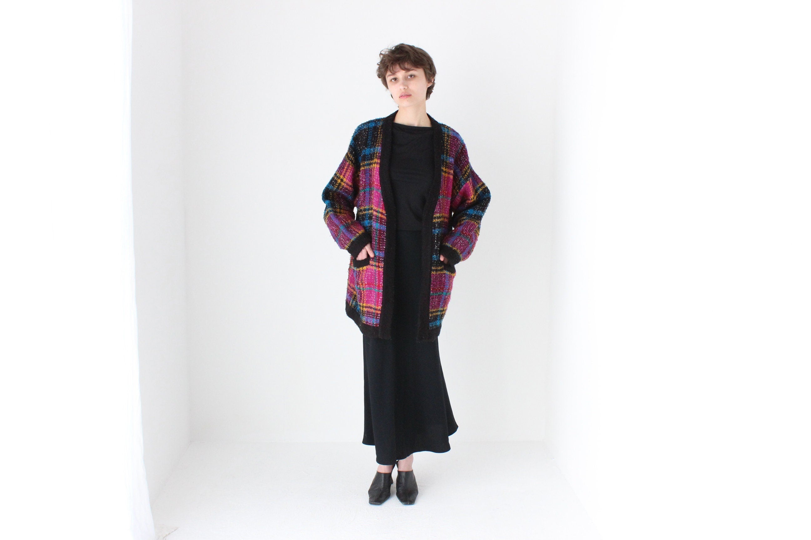 80s Tartan Pattern Oversized Cardigan