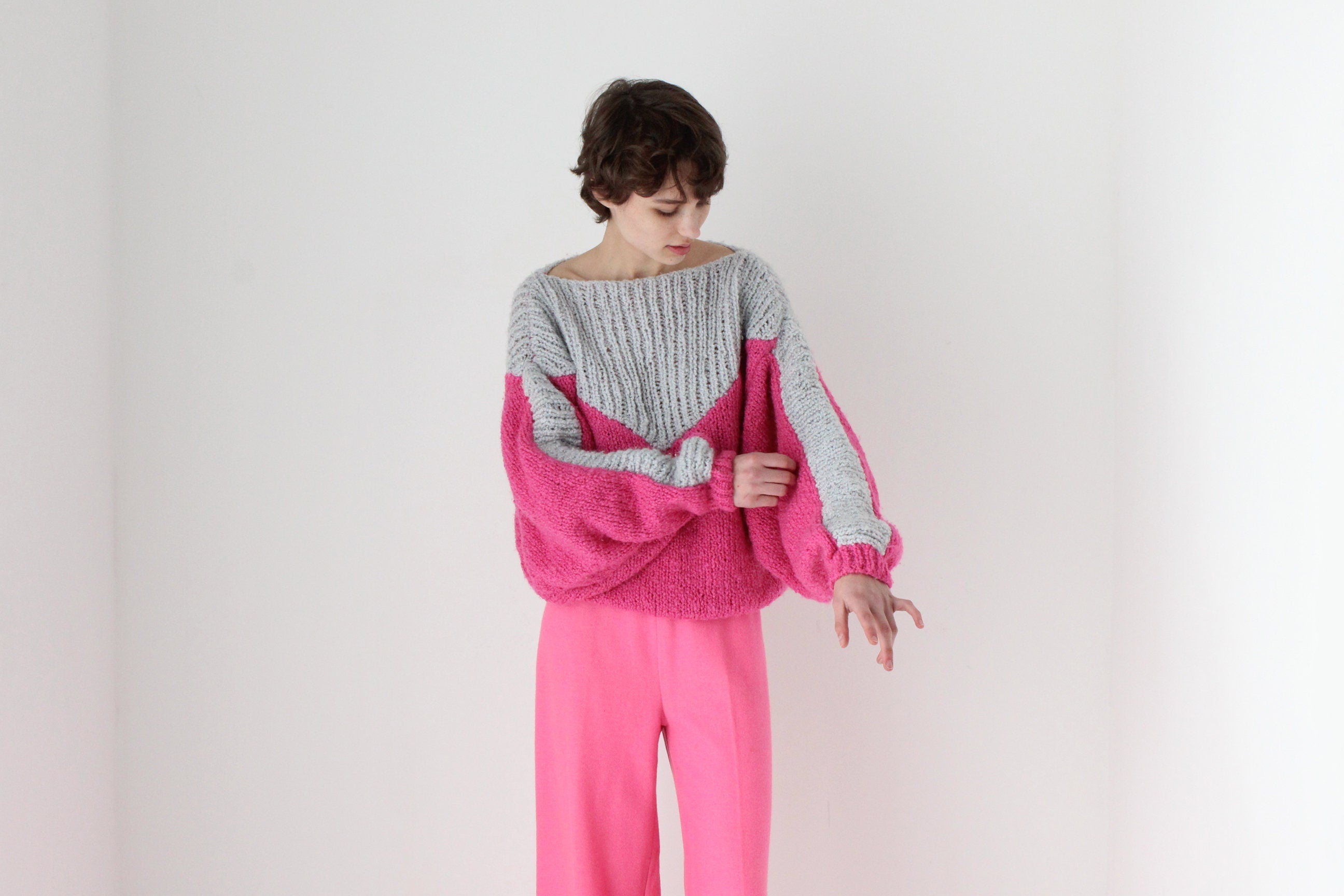 80s Hand Knit Bubblegum Bubble Sleeve Sweater