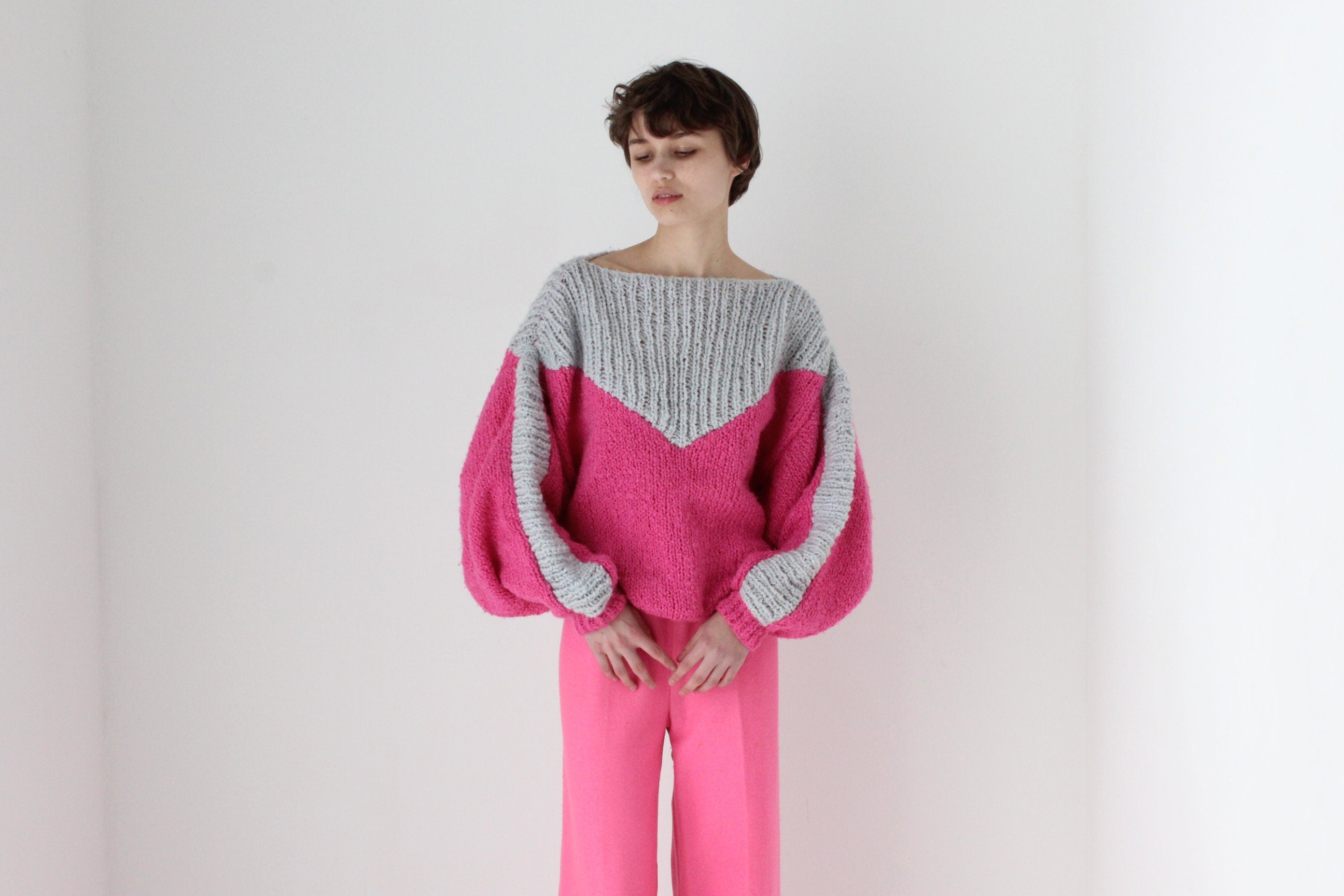 80s Hand Knit Bubblegum Bubble Sleeve Sweater