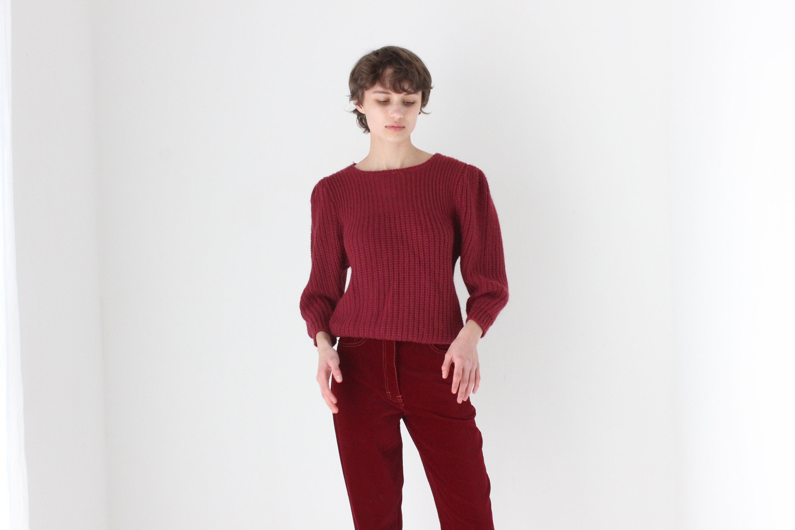 Soft 80s Puff Shoulder Sweater in Burgundy