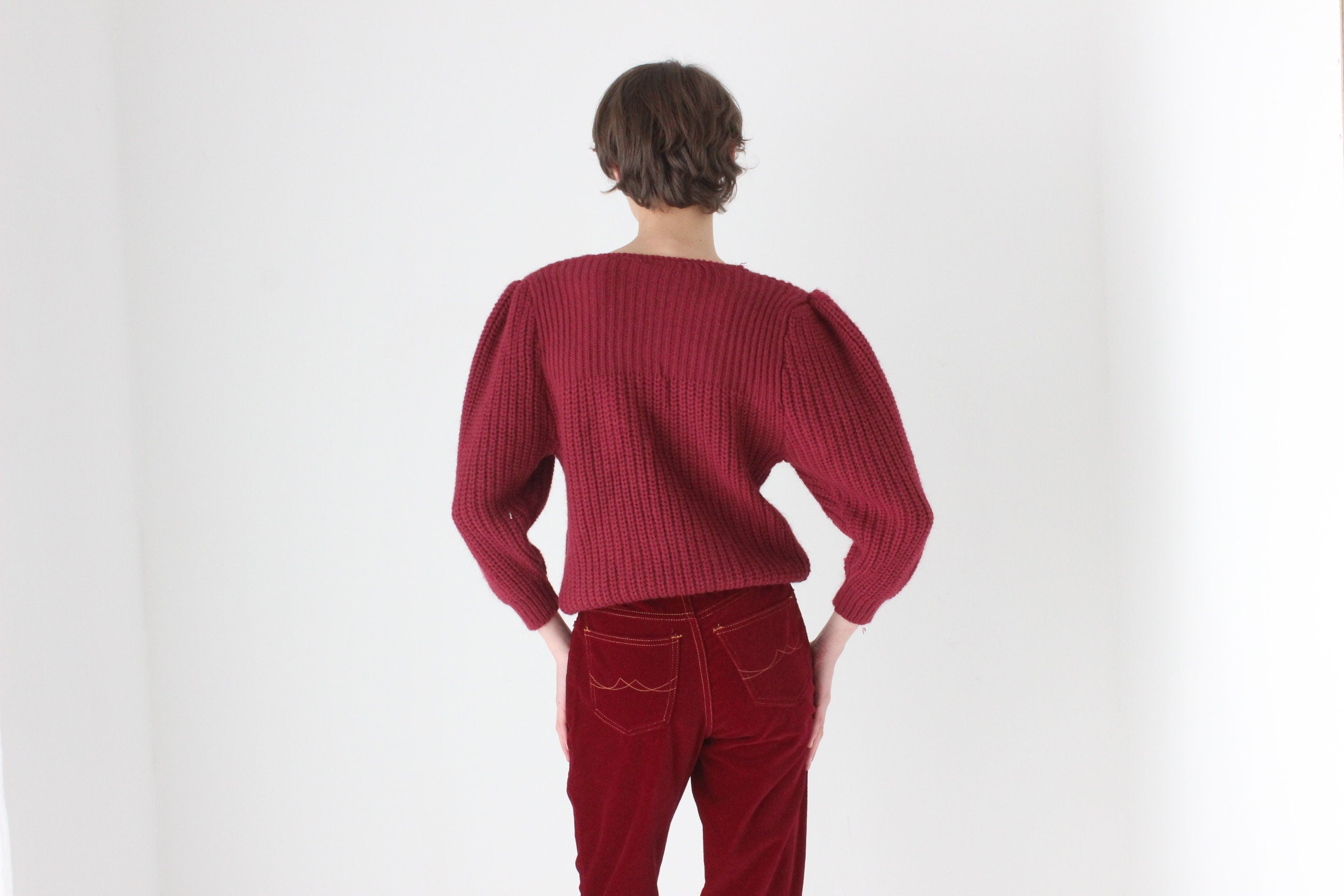 Soft 80s Puff Shoulder Sweater in Burgundy