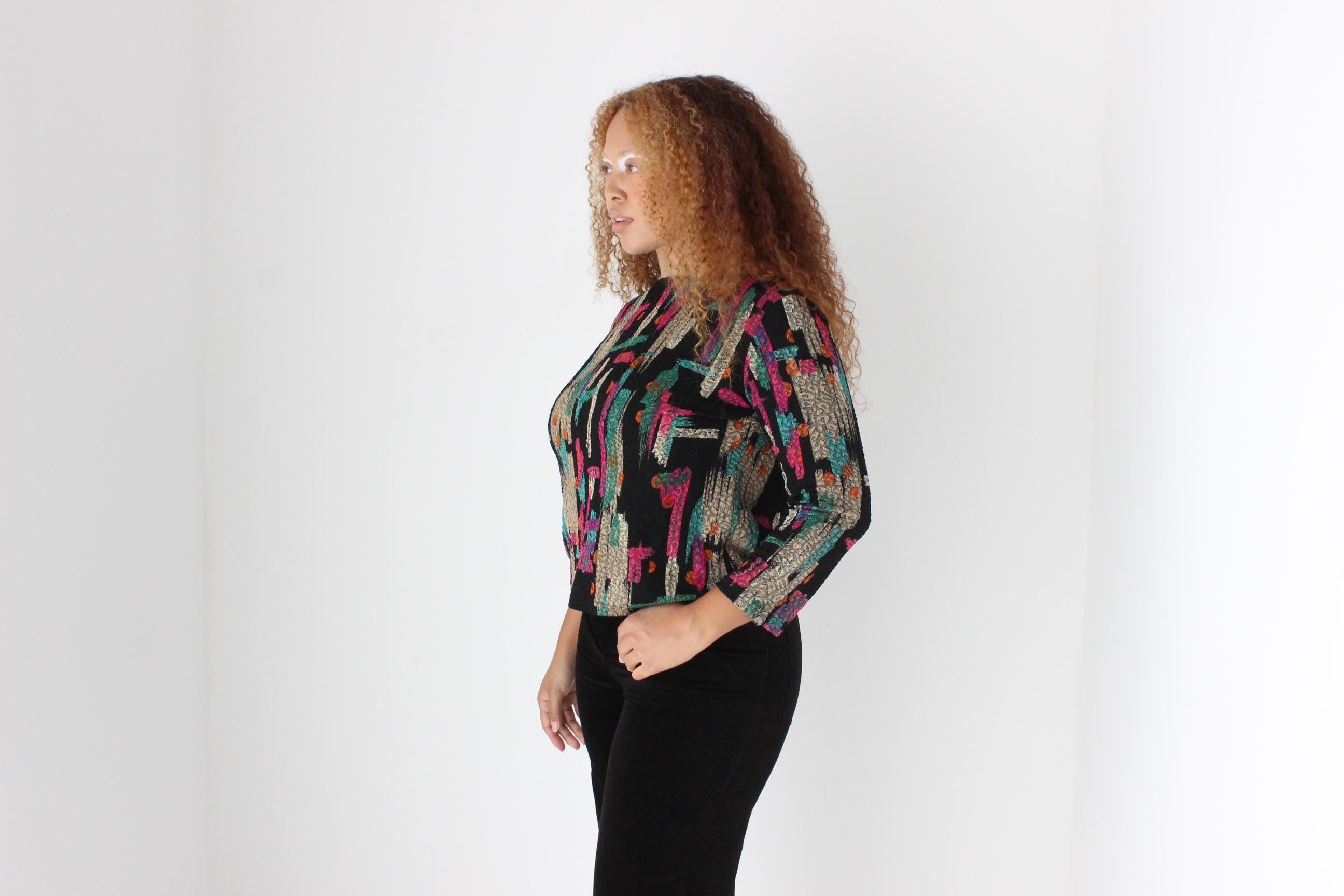 90s Painterly Abstract Mesh Stretch Top