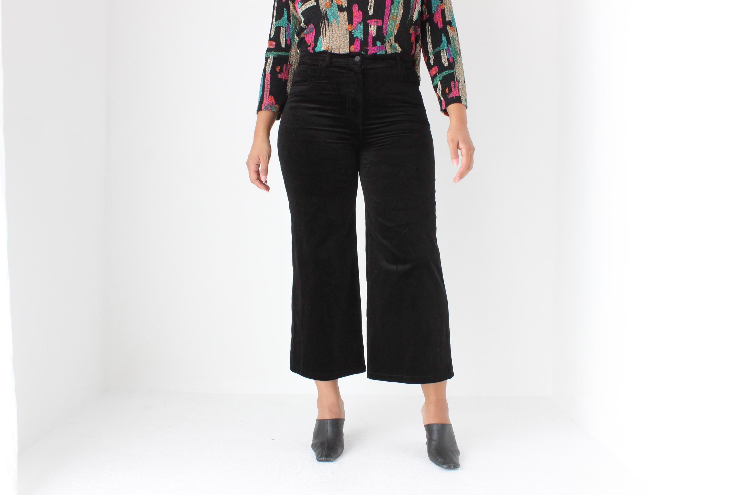 2000s Alberta Ferretti Black Velvet Wide Leg Cropped Jeans