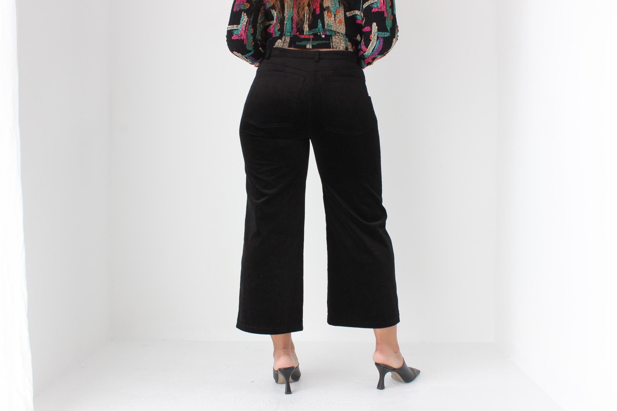 2000s Alberta Ferretti Black Velvet Wide Leg Cropped Jeans