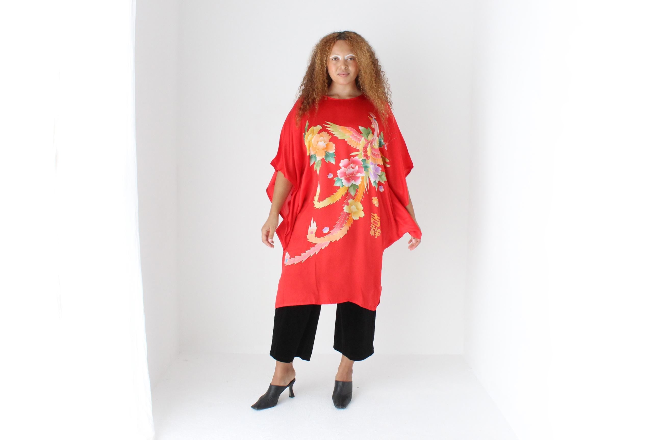 90s Vibrant Pure Silk Phoenix Print Batwing Dress