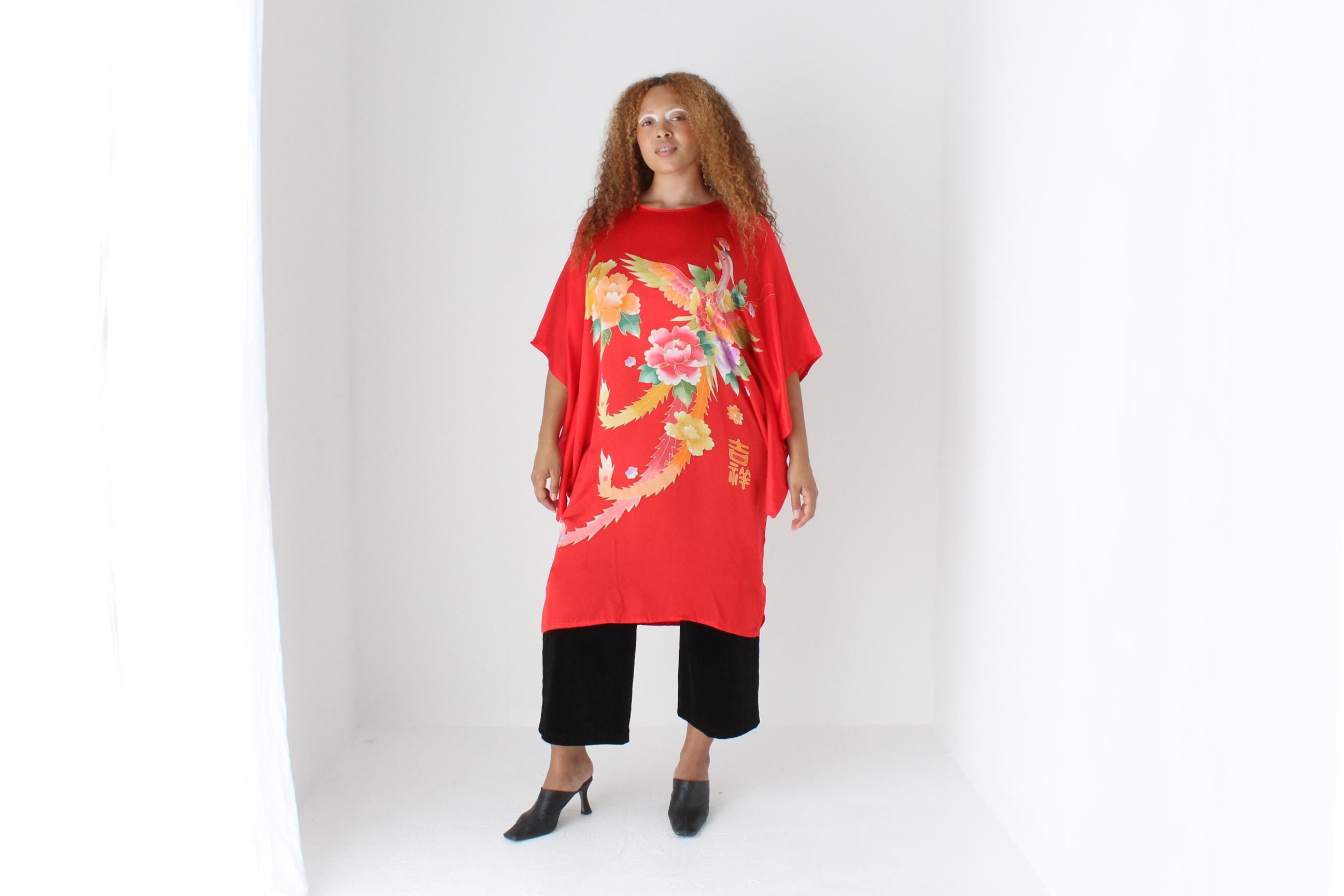 90s Vibrant Pure Silk Phoenix Print Batwing Dress