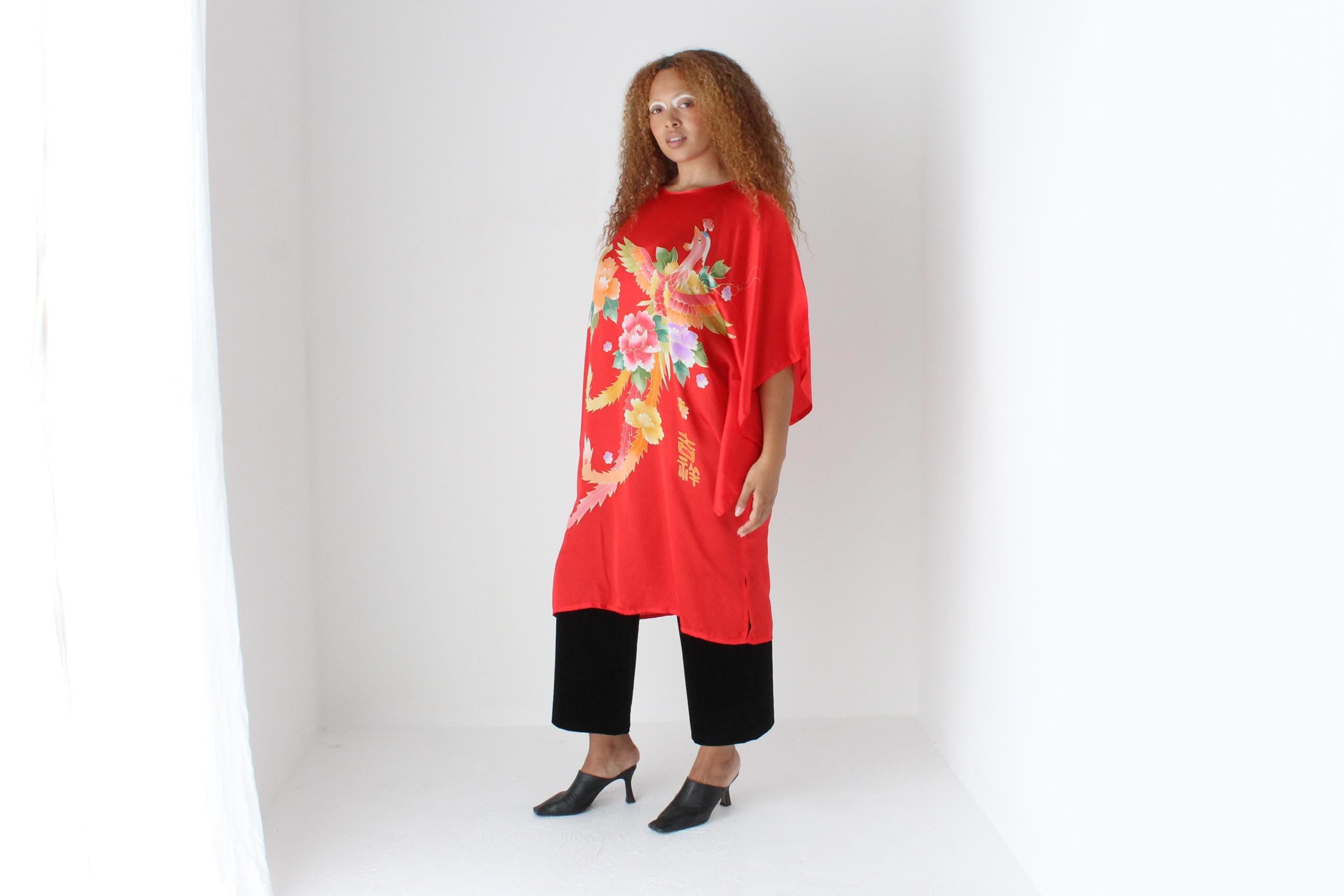 90s Vibrant Pure Silk Phoenix Print Batwing Dress