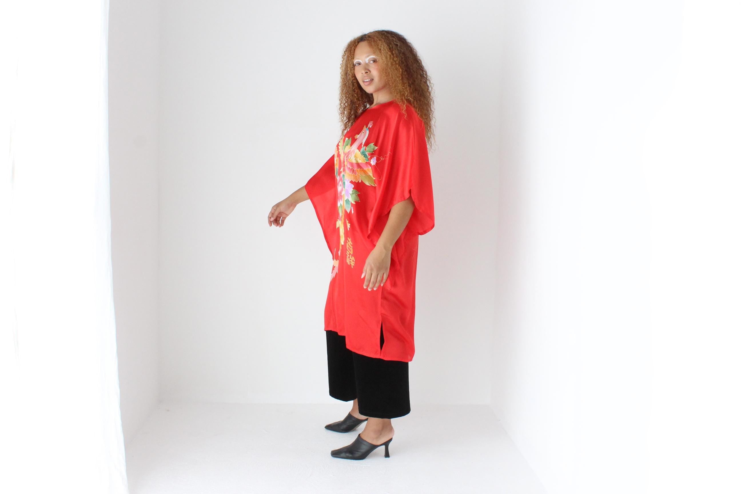 90s Vibrant Pure Silk Phoenix Print Batwing Dress